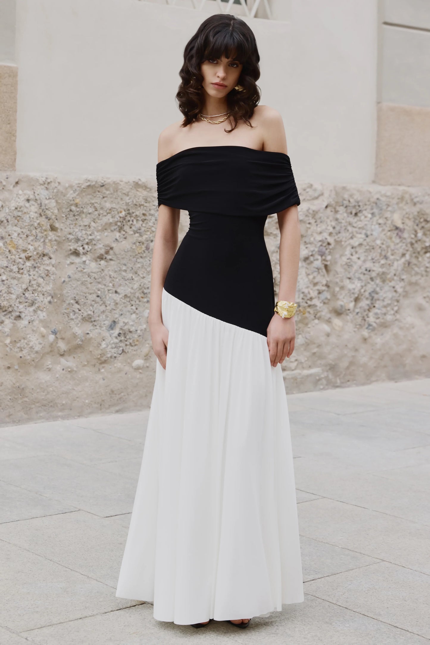 Doroyta Black And White Asymmetric-Neck Maxi Dress
