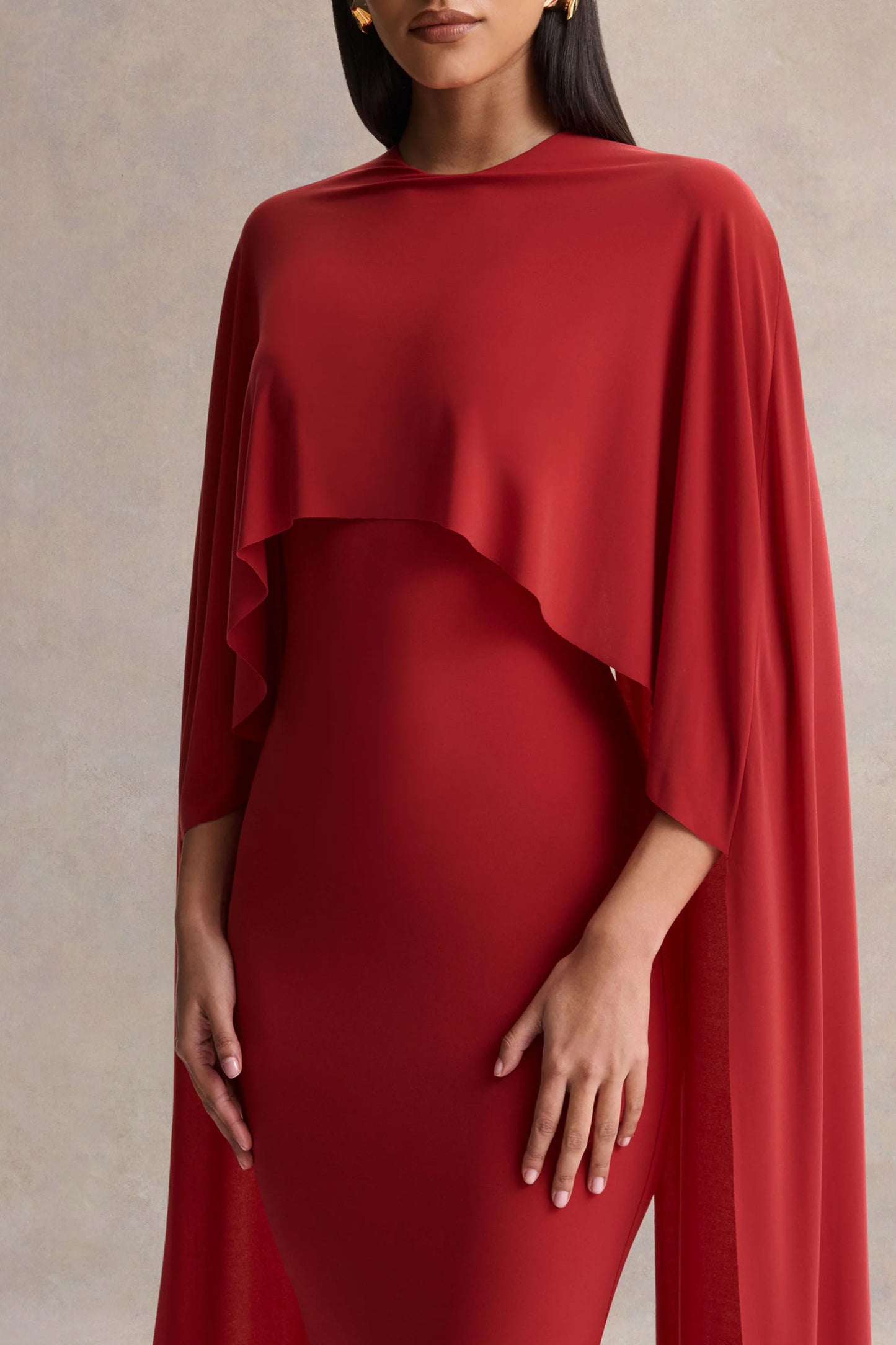 Kalani Red Crew-Neck Midi Dress With Cape-Sleeves