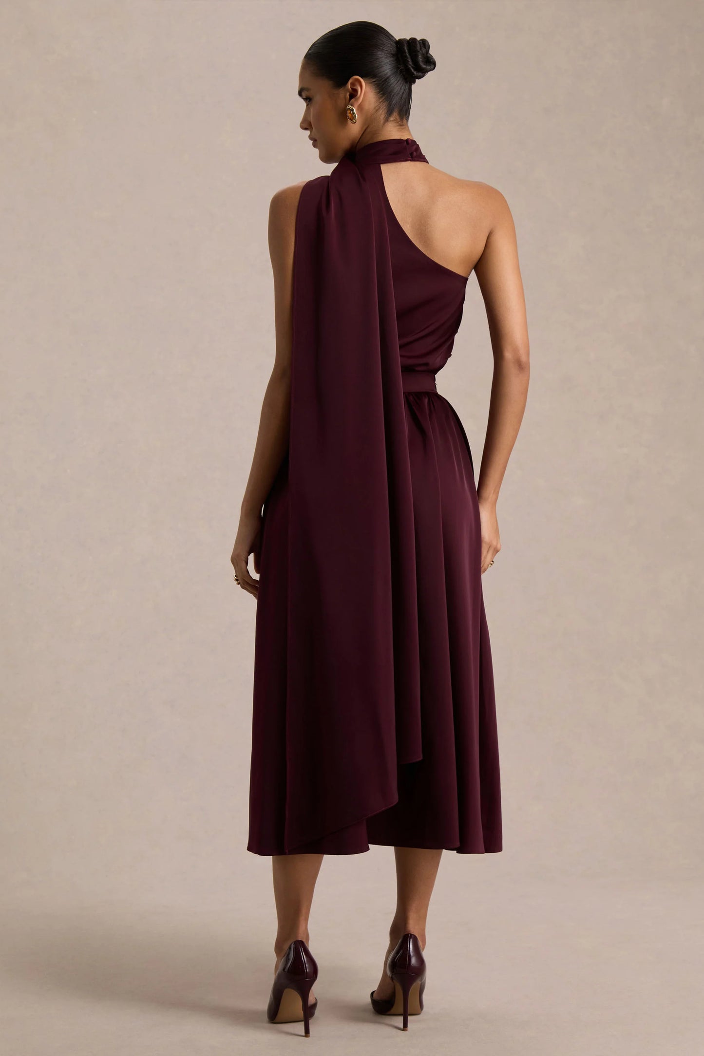 Caluna Burgundy Satin Asymmetric-Neck Midi Dress With Scarf-Detail