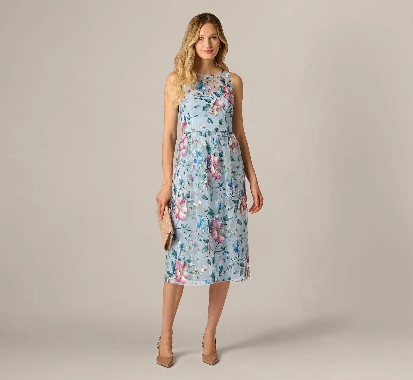Sequin Beaded Floral Embroidery Illusion Midi Dress In Blue Multi