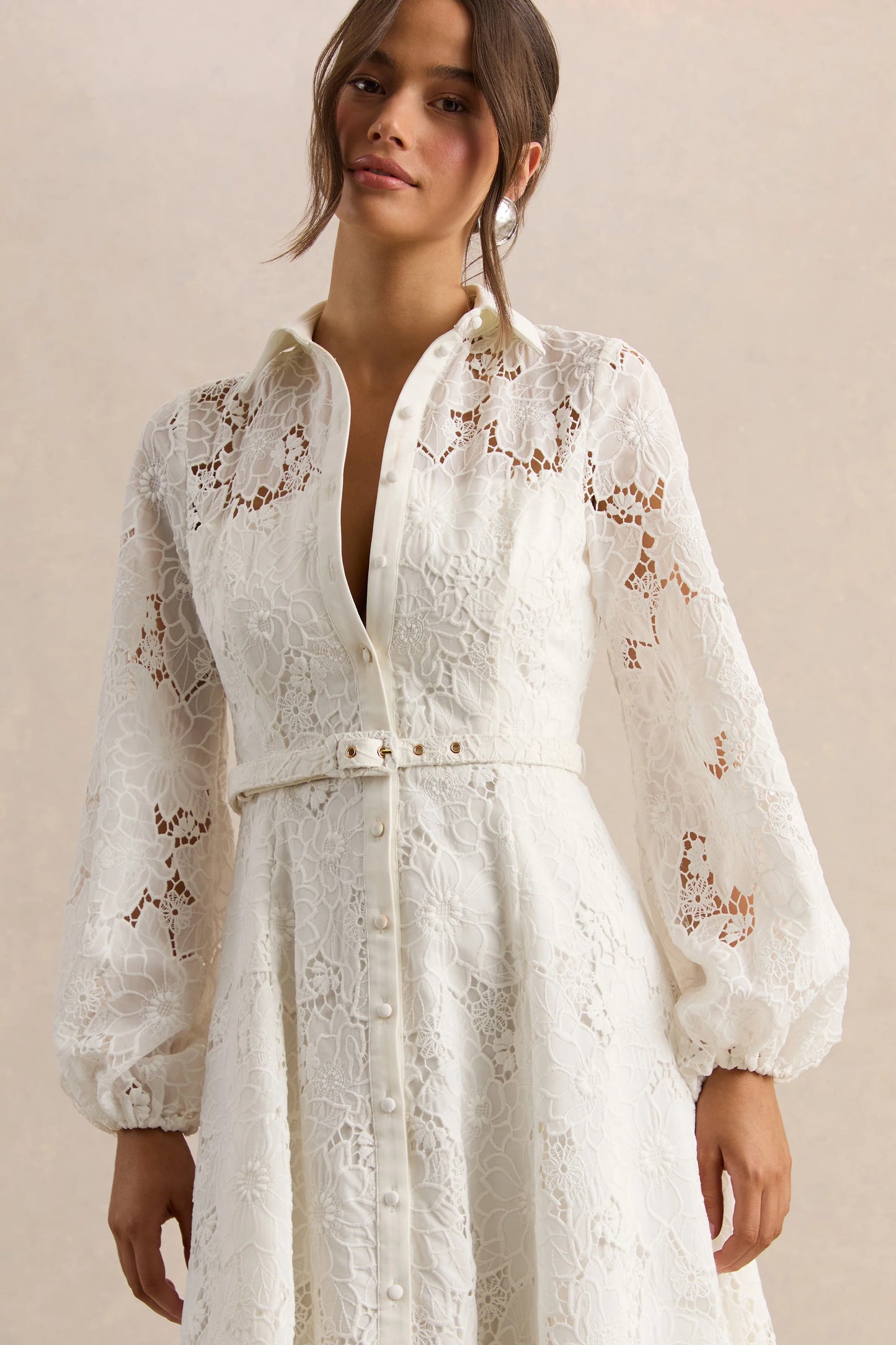 Jules Cream Broderie High-Neck Tailored Midi Dress With Puff-Sleeves