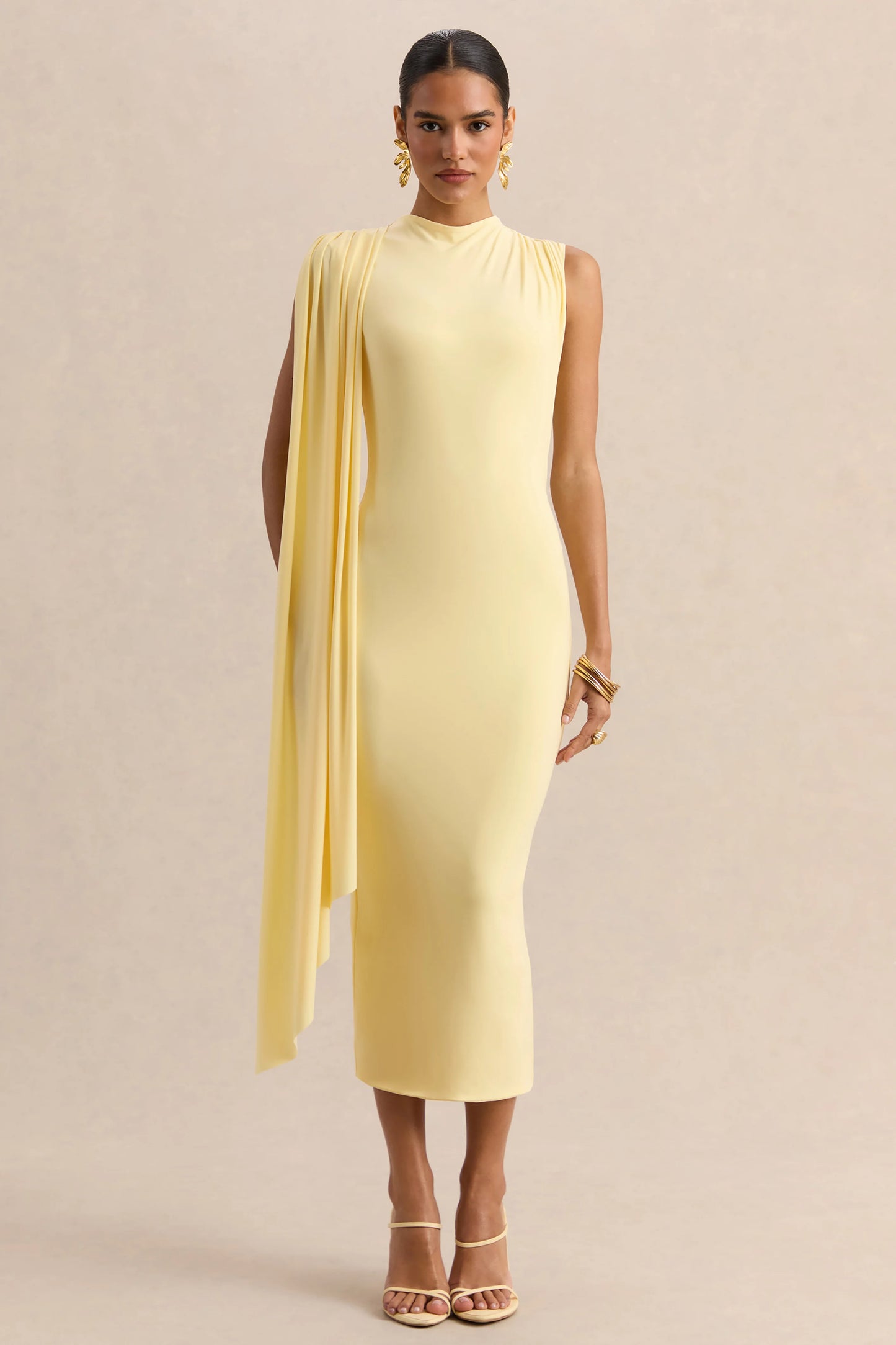 Oleandra Lemon High-Neck Midi-Dress With Draped-Detail