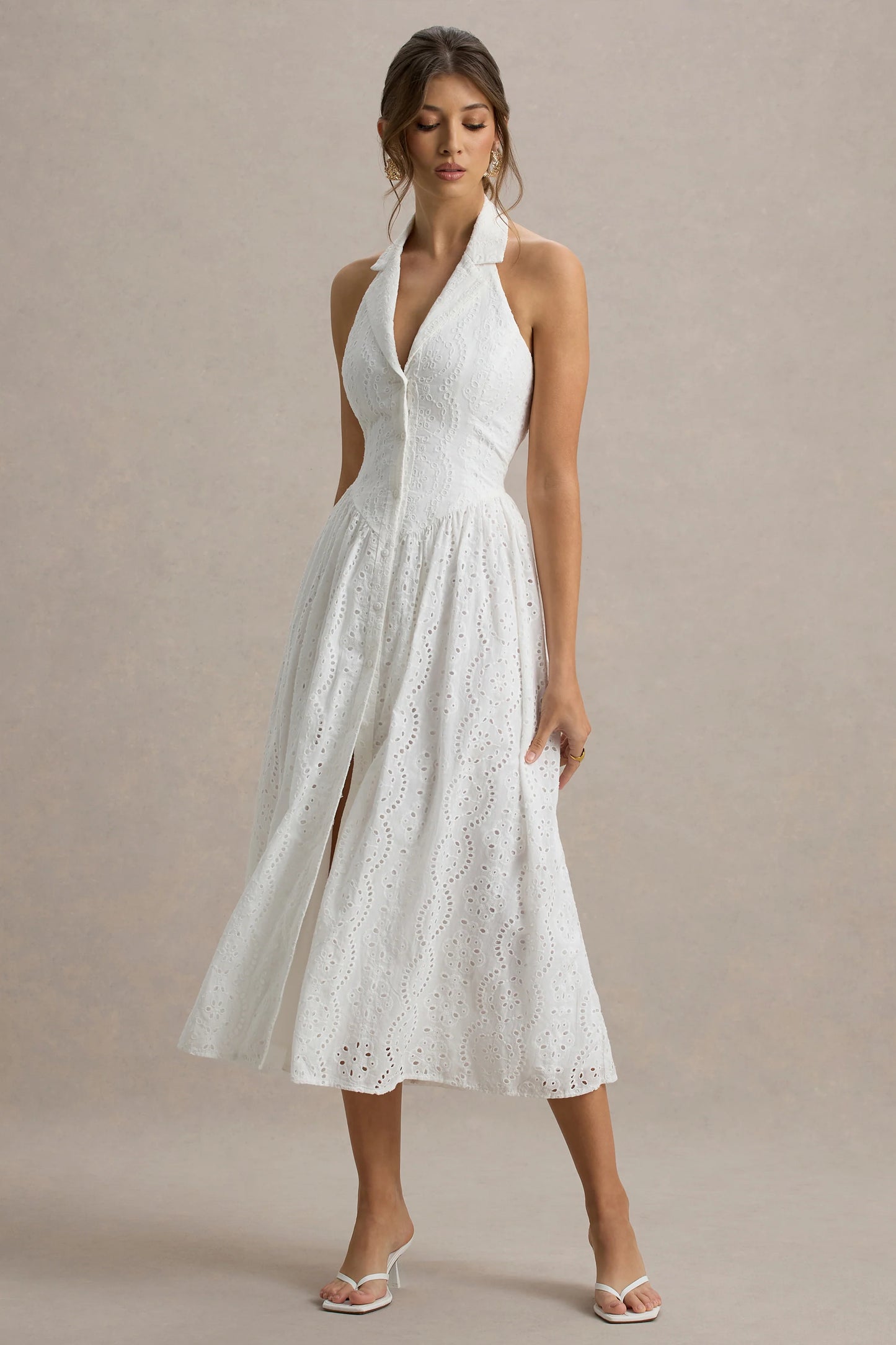 Jezebel White Lace Plunge-Neck Collared Midi Dress