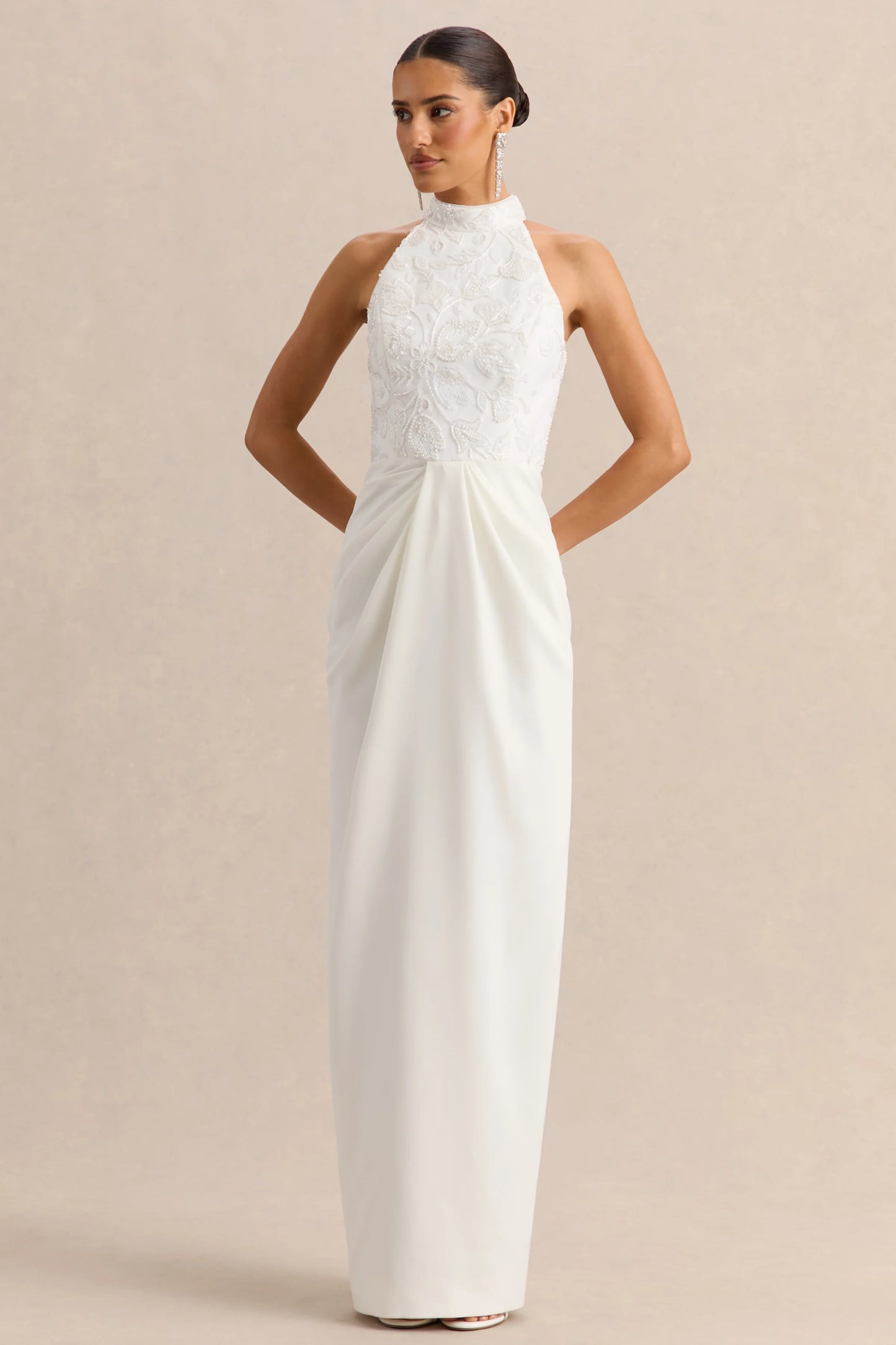 Charlotte White Halter-Neck Maxi Dress With Gathered-Detailing