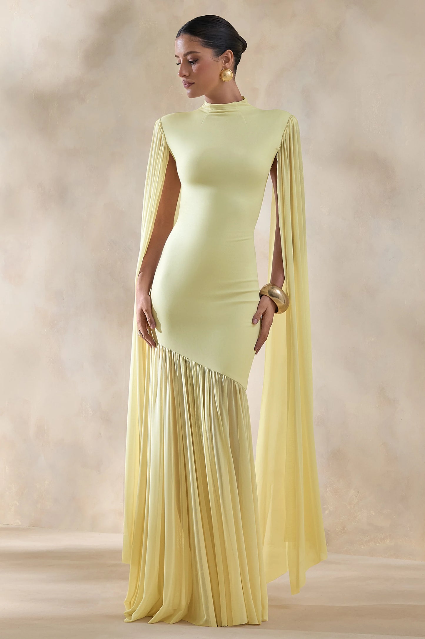 Chantelle Lemon High-Neck Maxi Dress With Drop-Waist And Cape-Sleeves