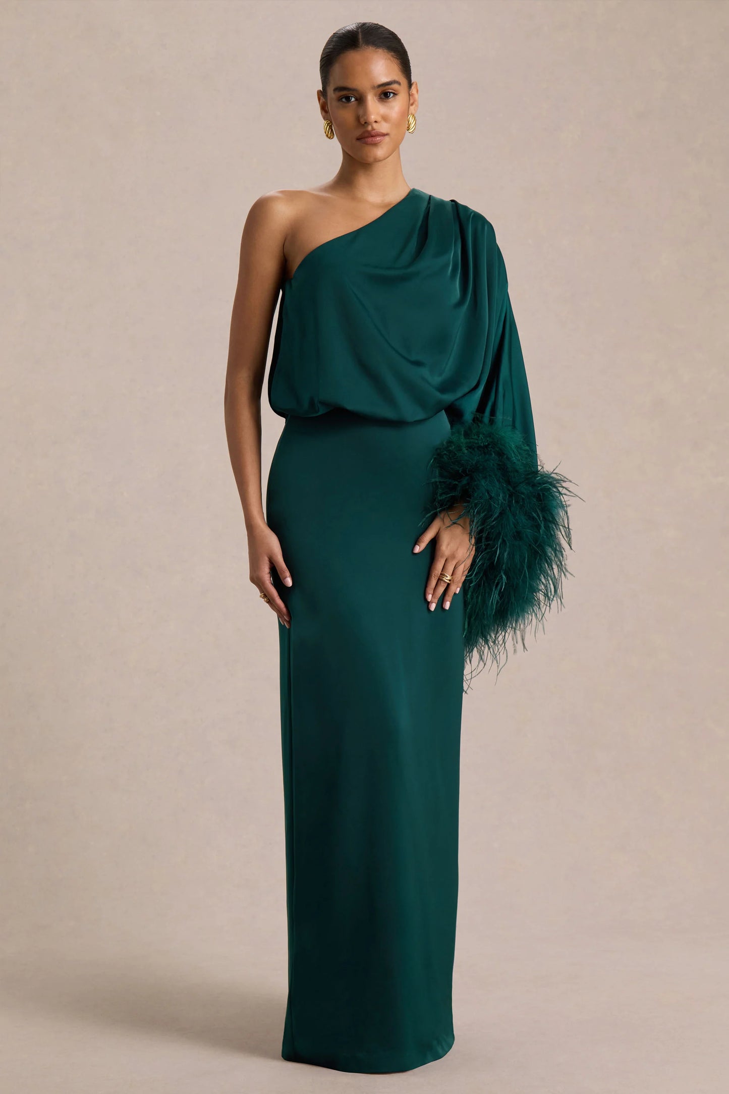 Felicity Teal Satin Asymmetric-Neck Maxi Dress With Feather Detailing