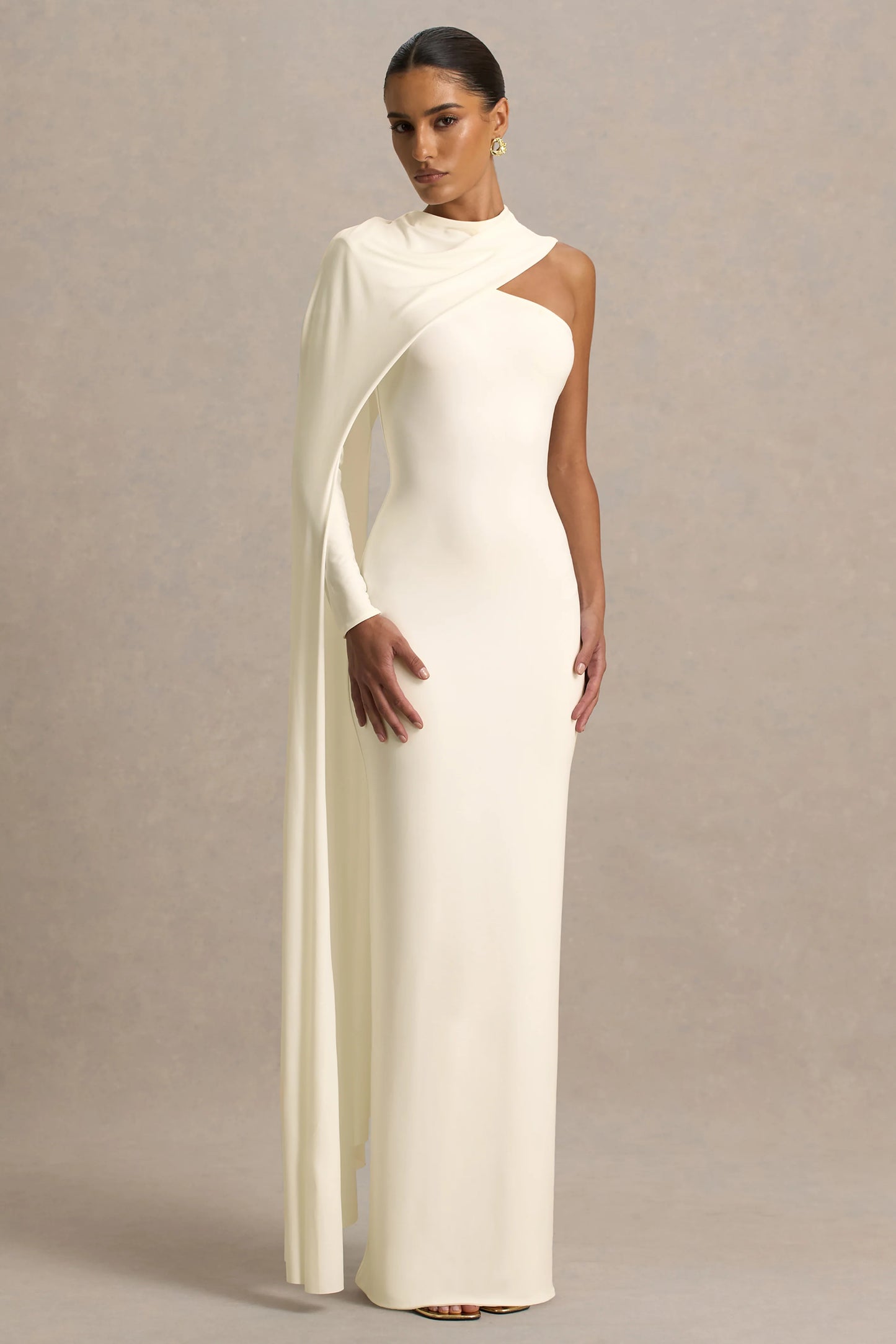 Dawn Cream High-Neck Maxi Dress With One Long Cape-Sleeve