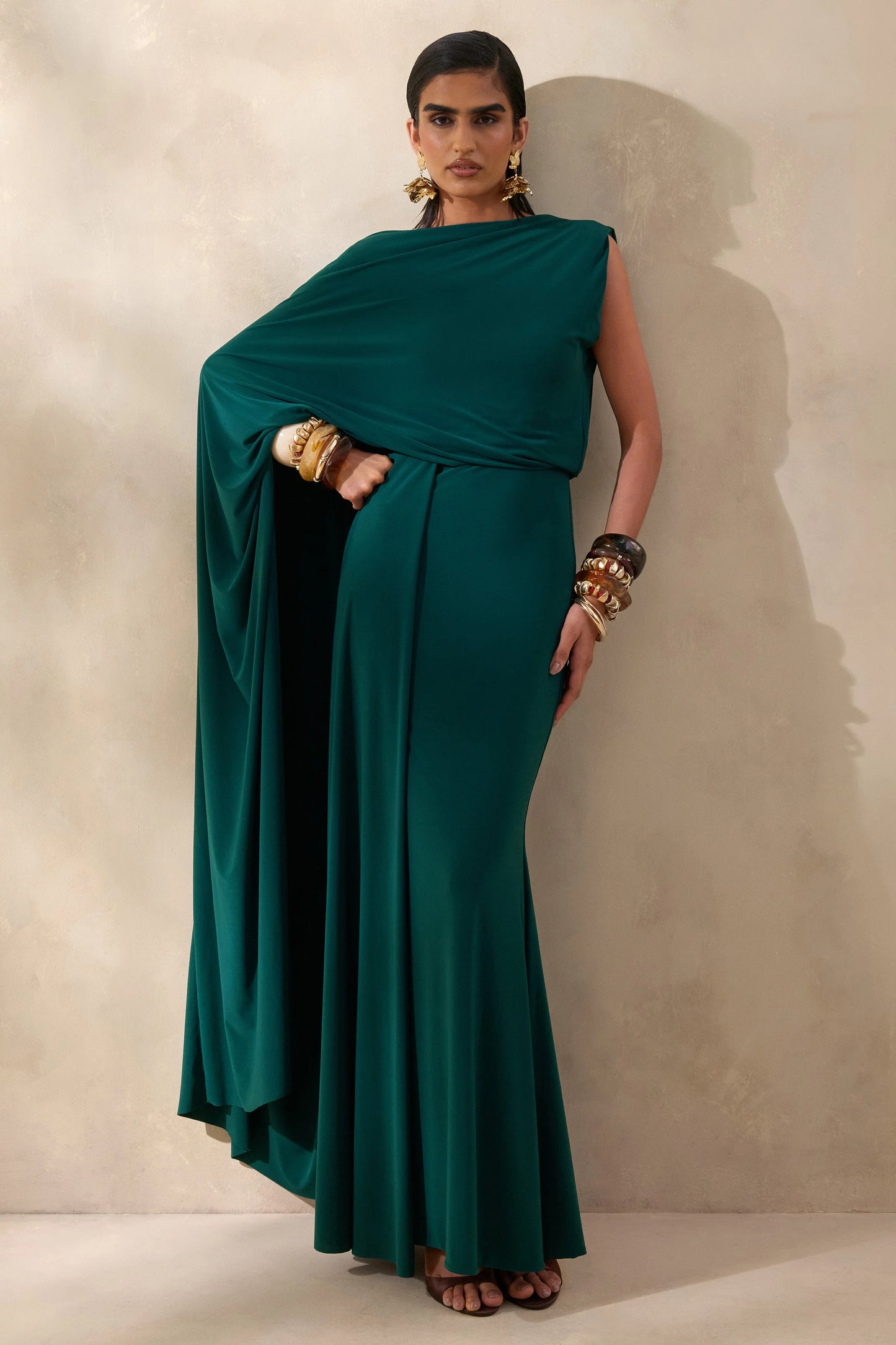 Carenza Dark Green Wide-Neck Maxi Dress With Cape-Sleeve