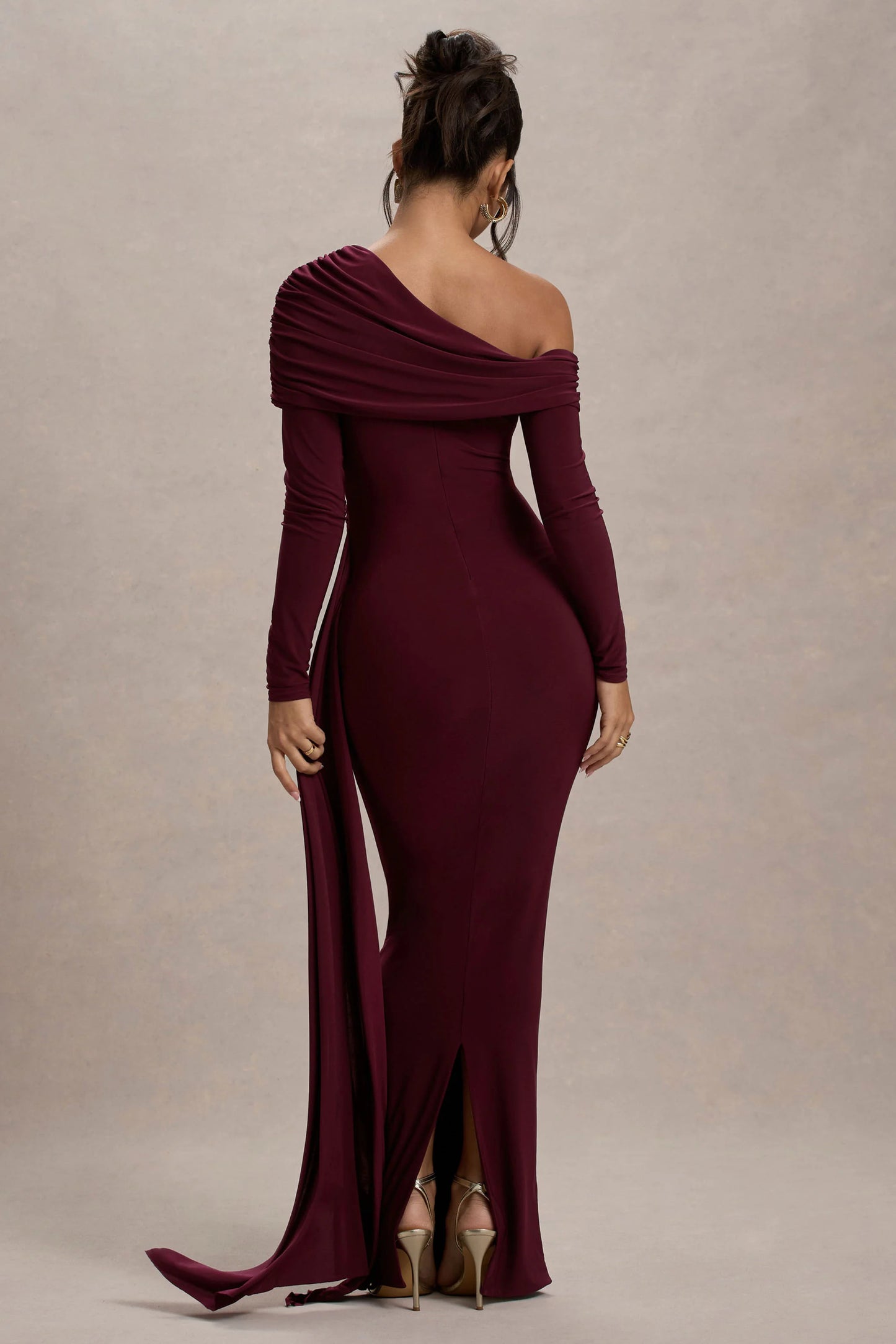 Valina Burgundy Ruched Asymmetric Maxi Dress With Drape