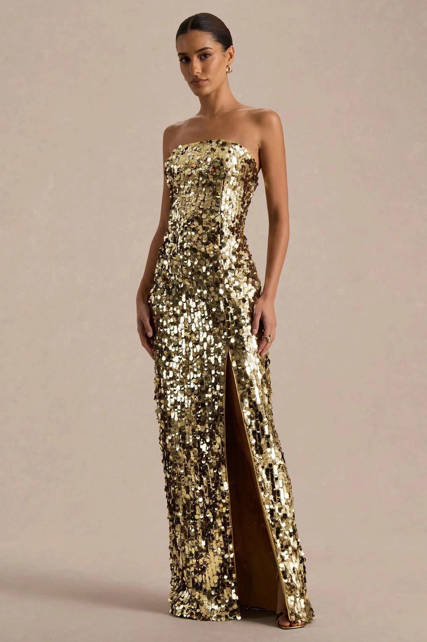 Nerea Gold Sequin Bandeau Maxi Dress With Front High-Split