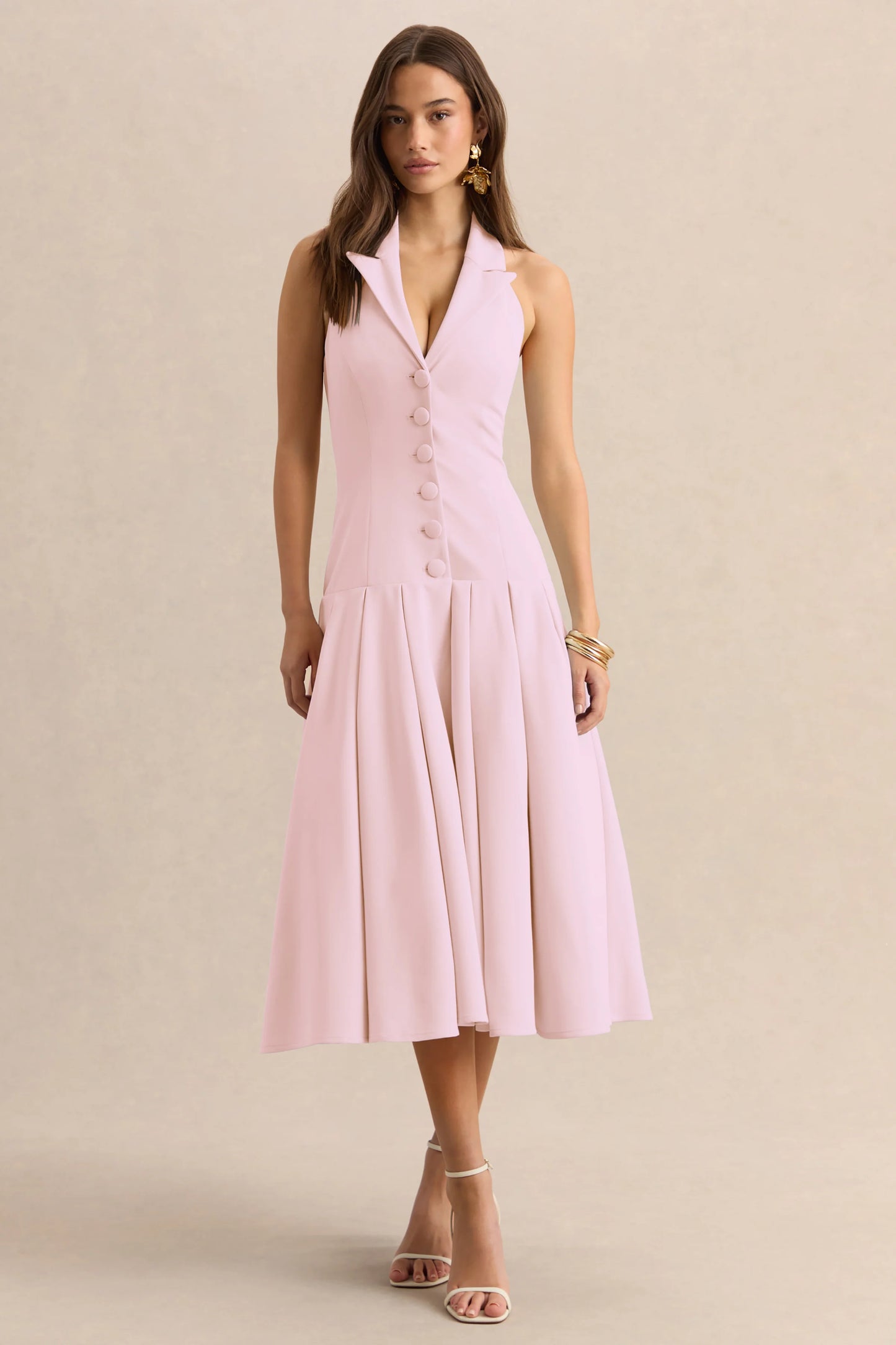 Elise Light Pink Plunge-Neck Midi Dress With Drop-Waist
