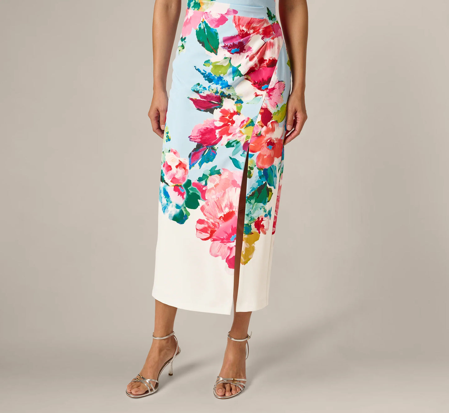 One Shoulder Floral Twill Midi Dress In Blue Multi