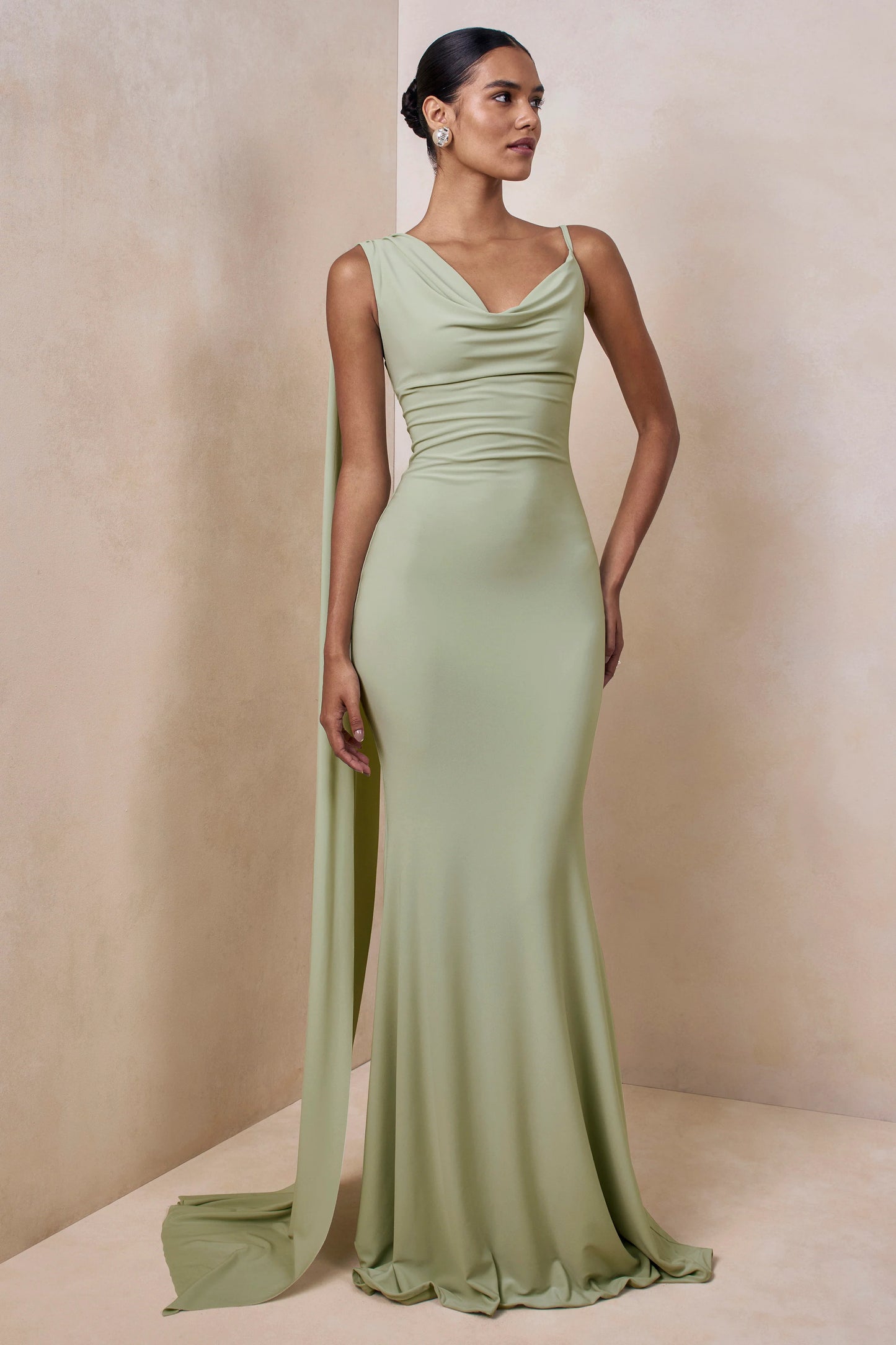 Kenza Mint Asymmetric-Neck Maxi Dress With Scarf-Detail