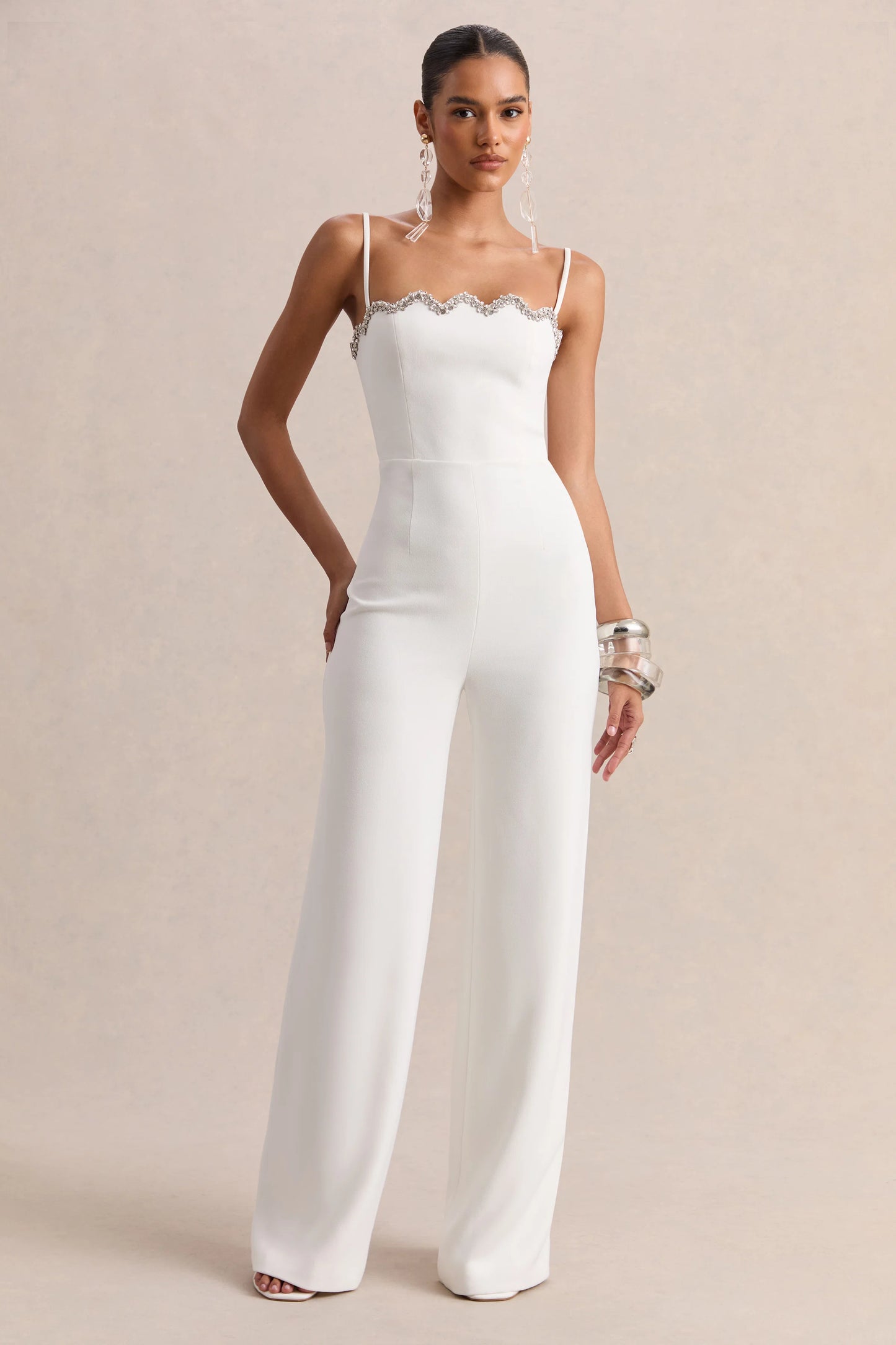 Calira White Scalloped Square-Neck Jumpsuit