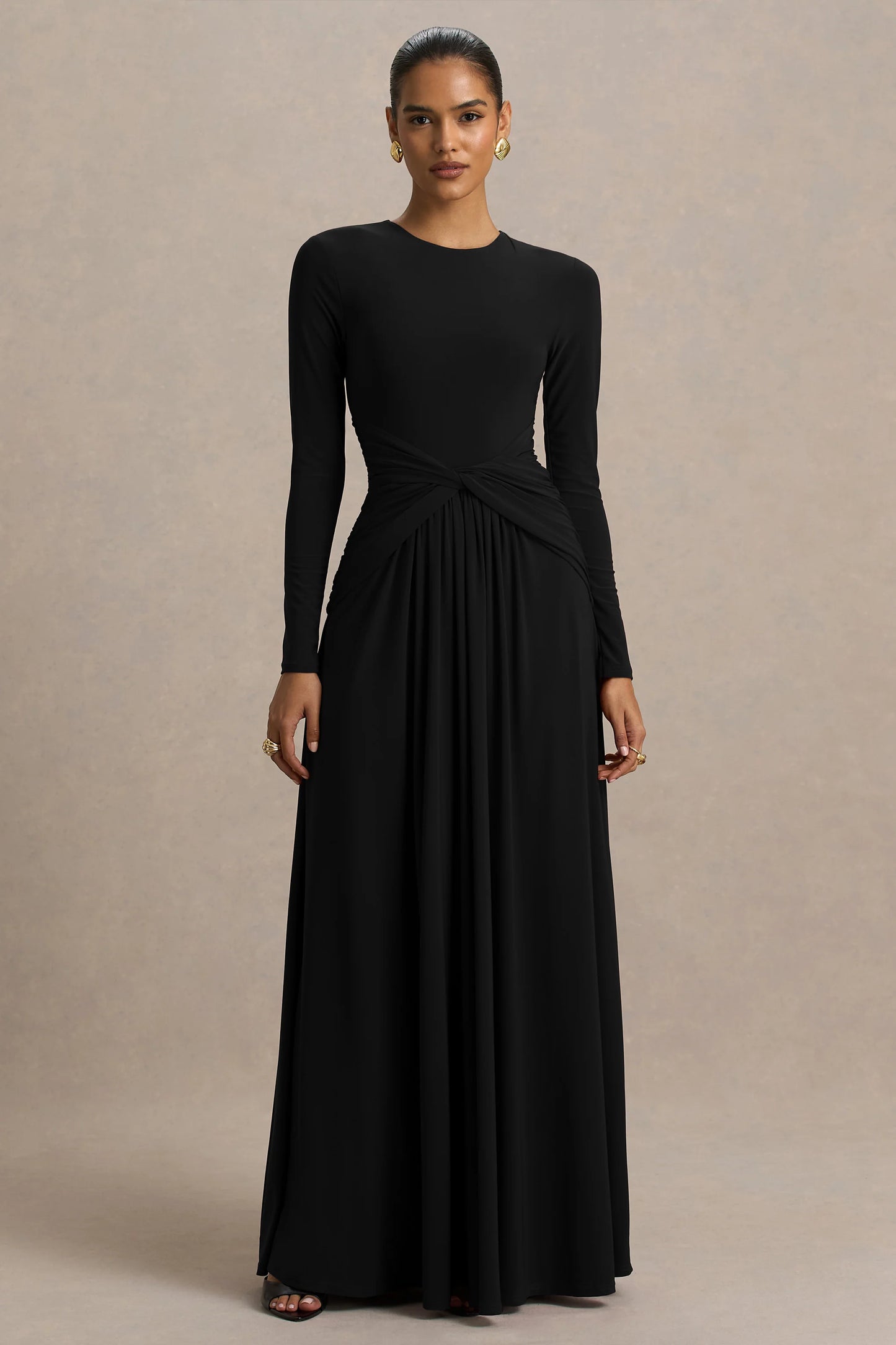 Estrella Black High-Neck Maxi Dress With Ruched Detailing