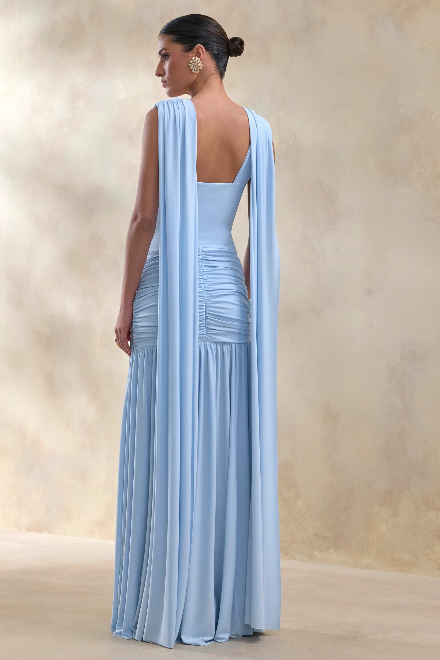 Amelisse Powder Blue Plunge-Neck Maxi Dress With Ruched-Detailing