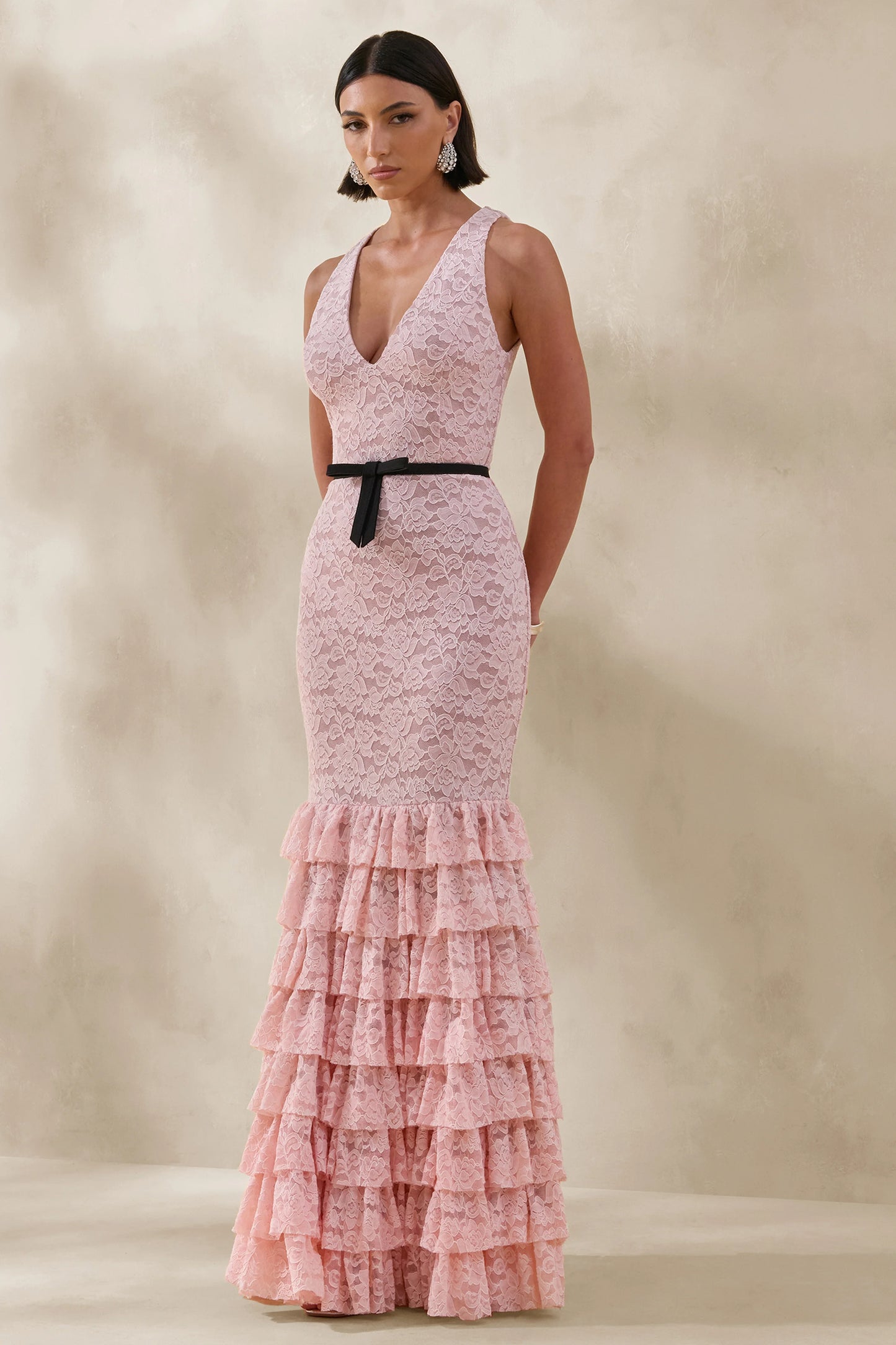 Isoria Pink And Black Lace Halter-Neck Maxi Dress With Bow-Belt Detail
