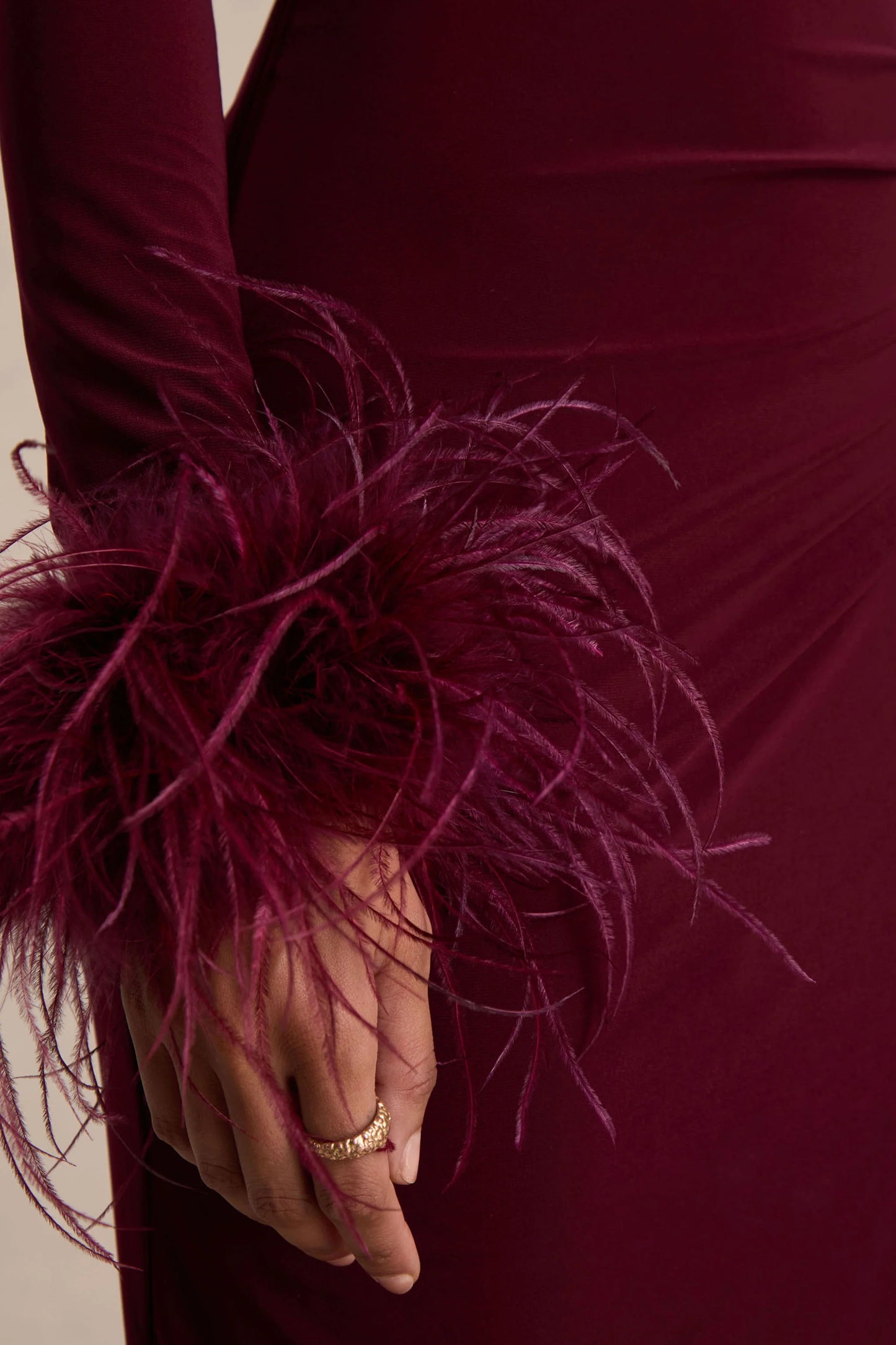 Gatsby Burgundy High-Neck Maxi Dress With Feather Trim Cuffs