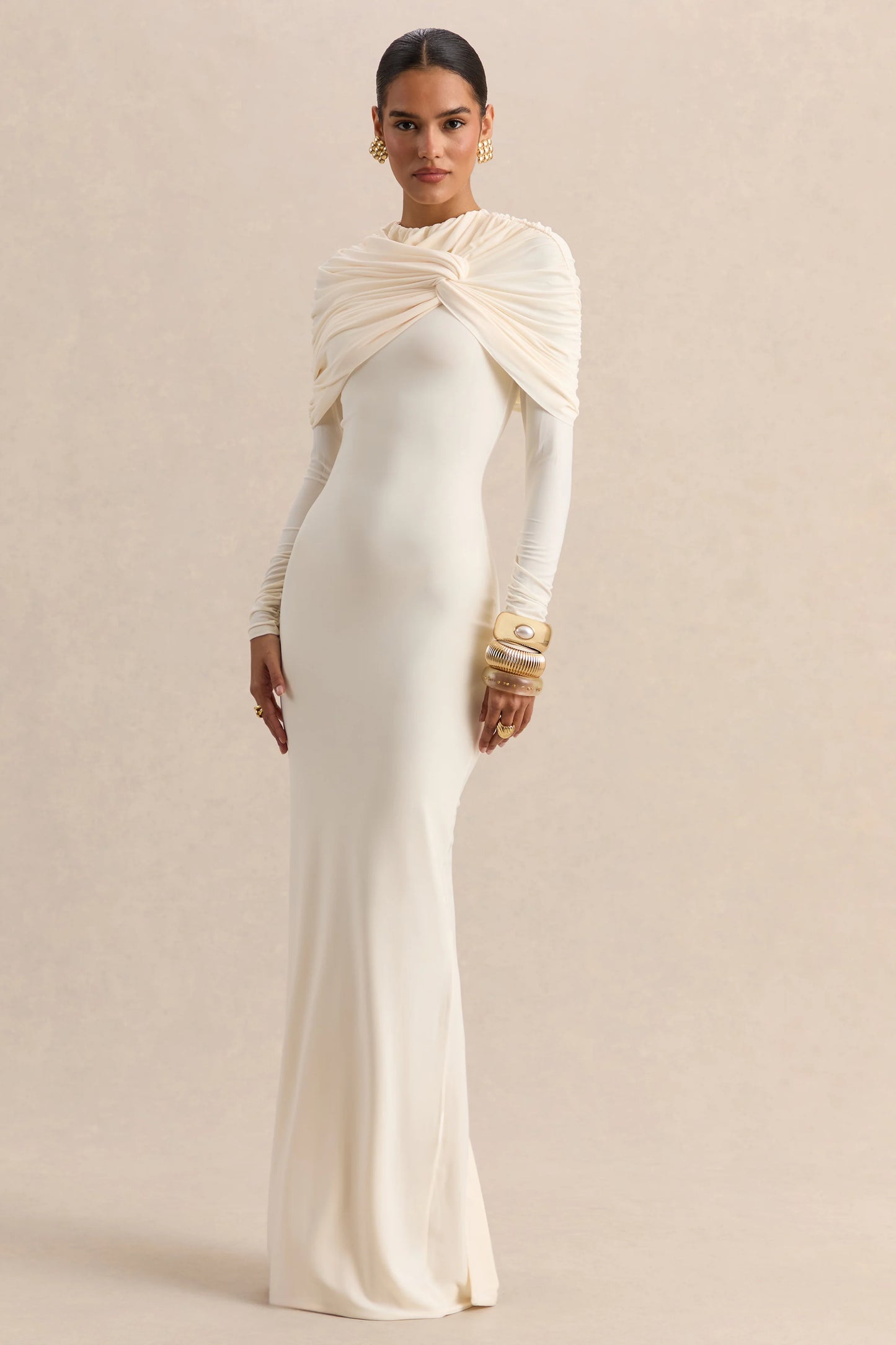Evessa Cream Crew-Neck Maxi Dress With Gathered-Detailing