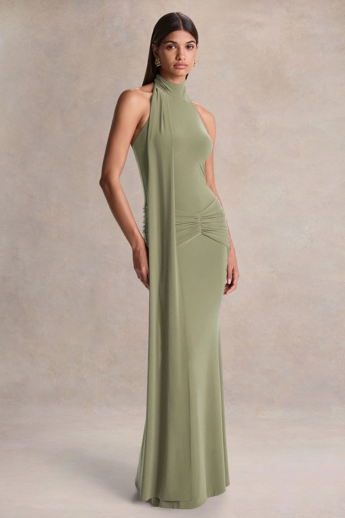 Hyla Green High-Neck Maxi Dress With Sash-Detail
