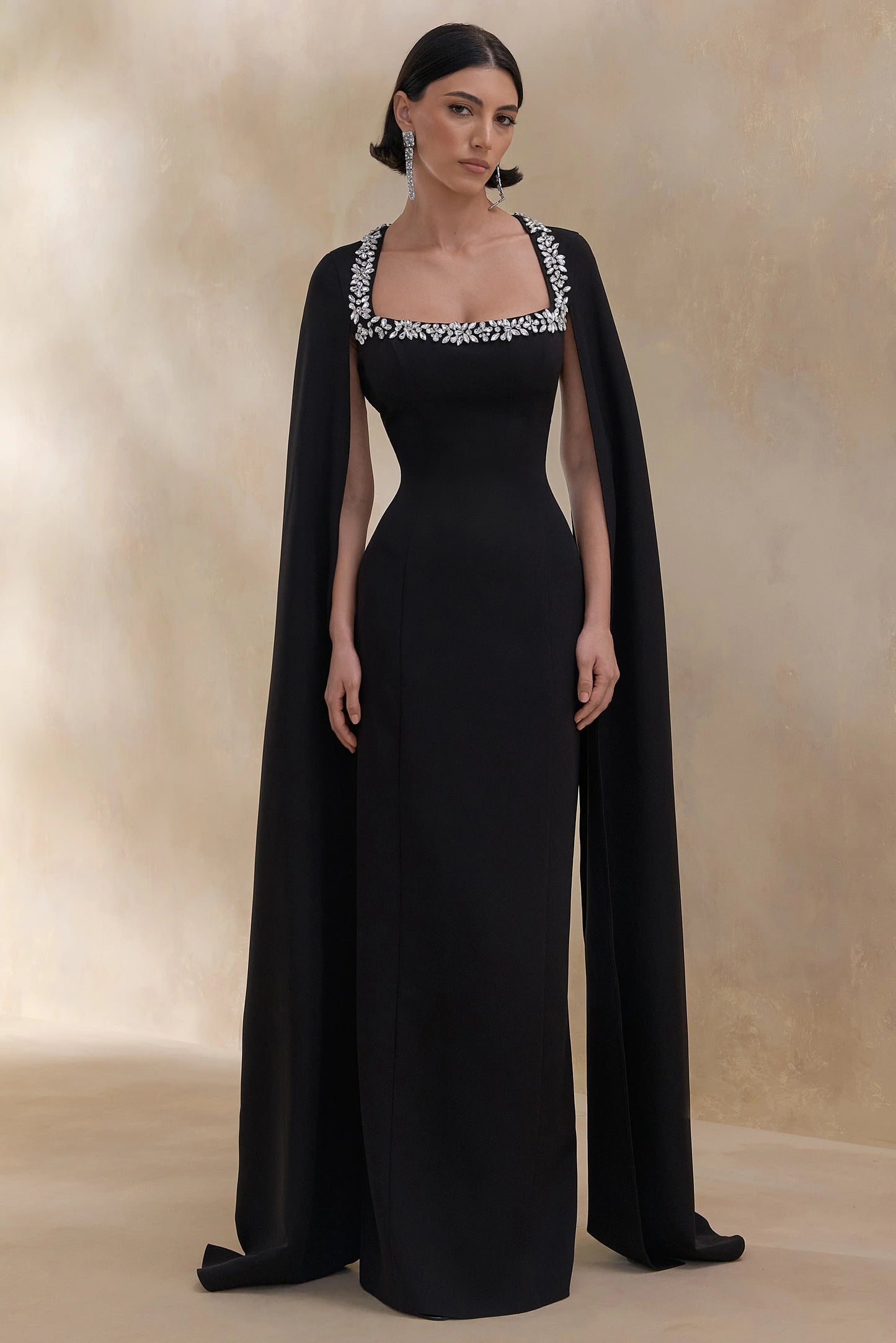 Glossy Black Woven Square-Neck Maxi Dress With Cape Sleeves and Hand-Embellished Detail