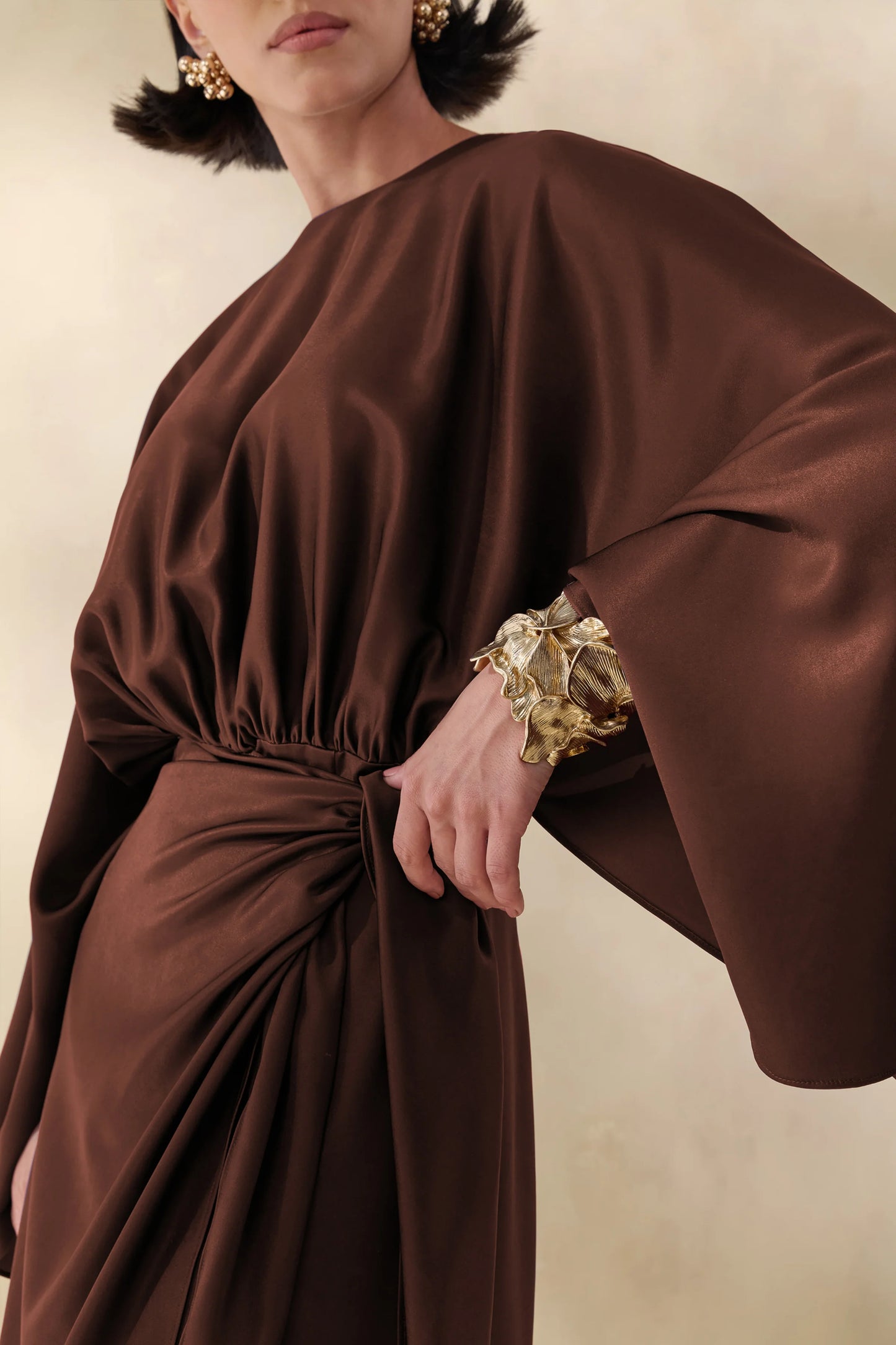 Delphina Brown Satin Maxi Dress With Gathered And Knot-Detail