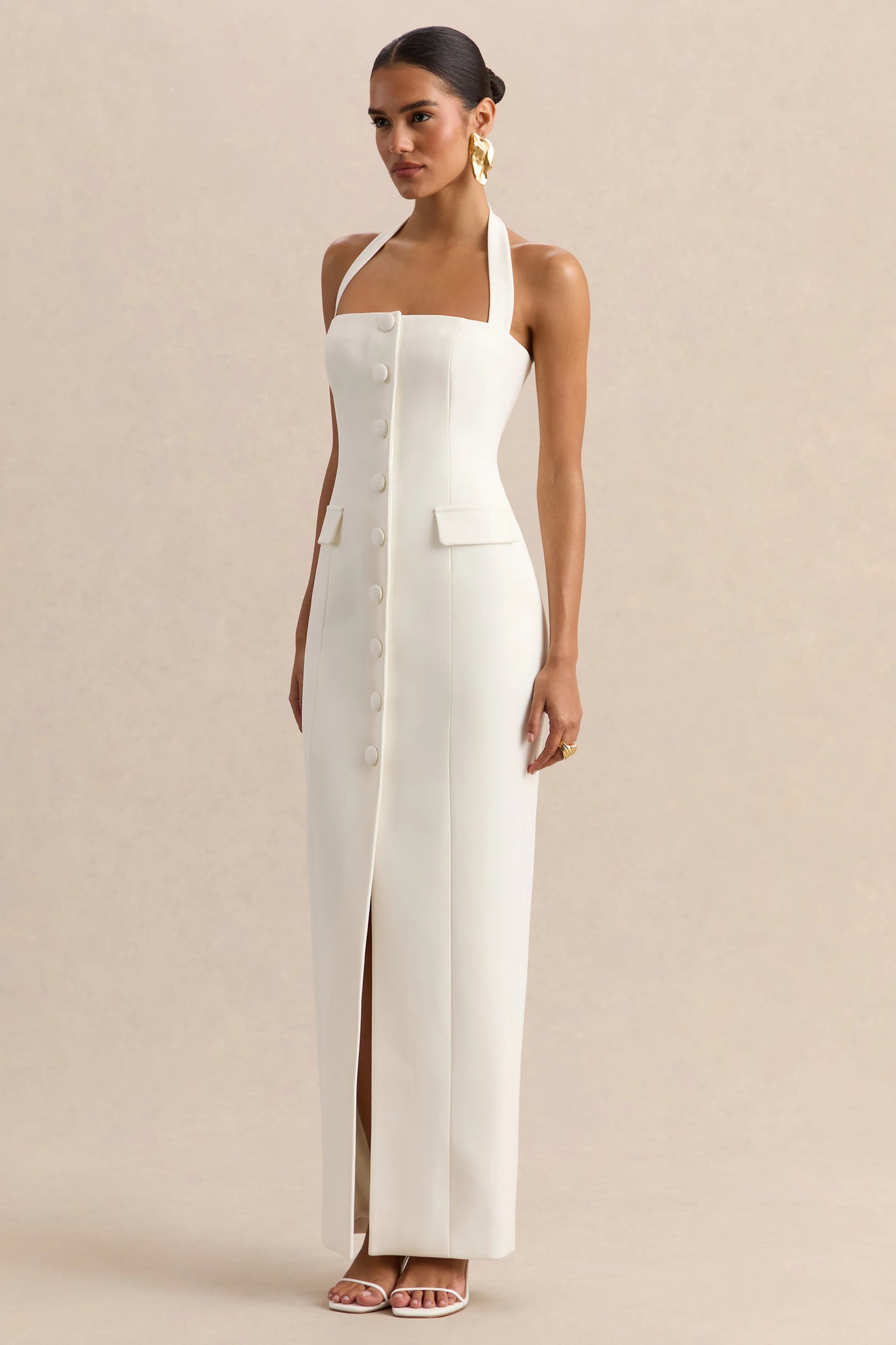 Steph White Halter-Neck Tailored Maxi Dress