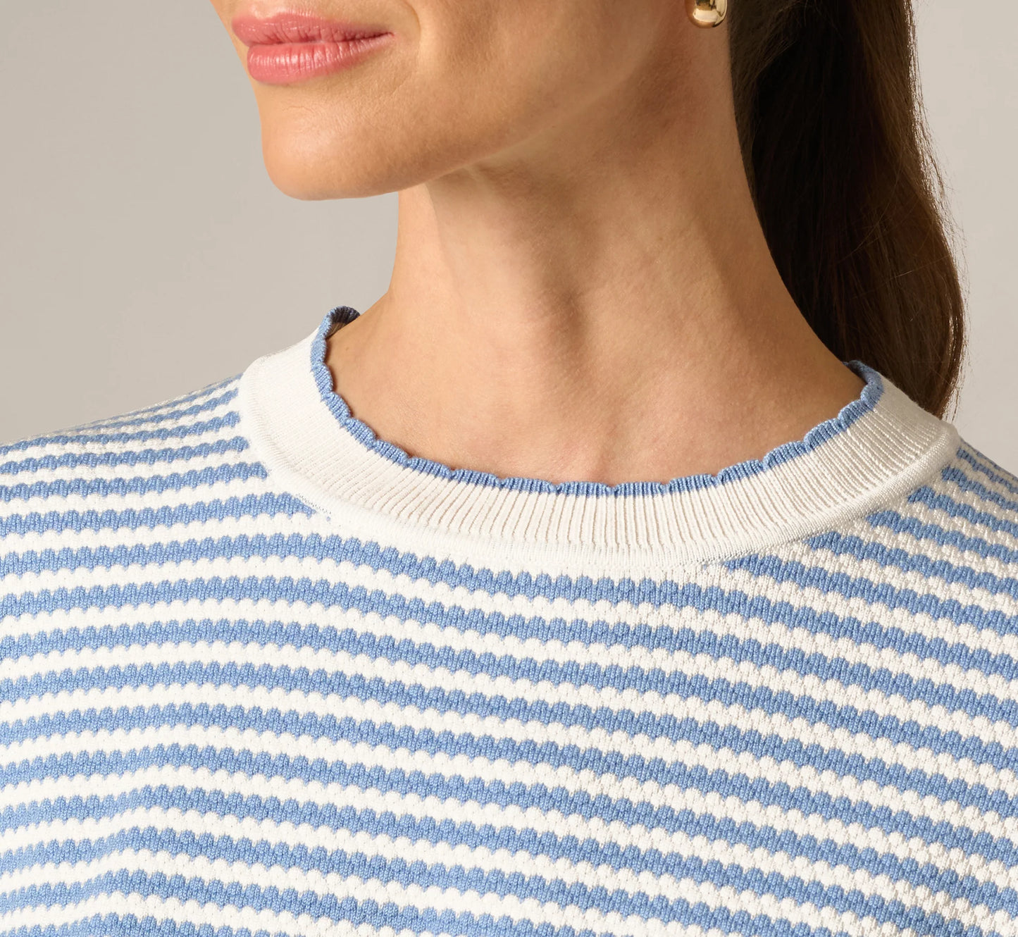 Dolman Sleeve Scalloped Trim Sweater In Ivory Classic Blue