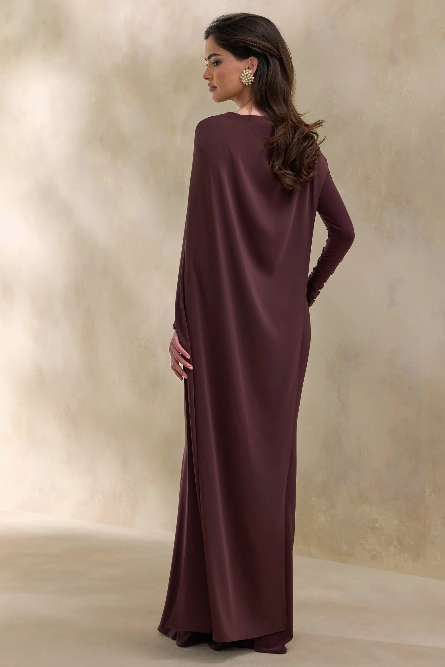Salenne Brown Wide-Neck Maxi Dress With Satin Asymmetric-Cape