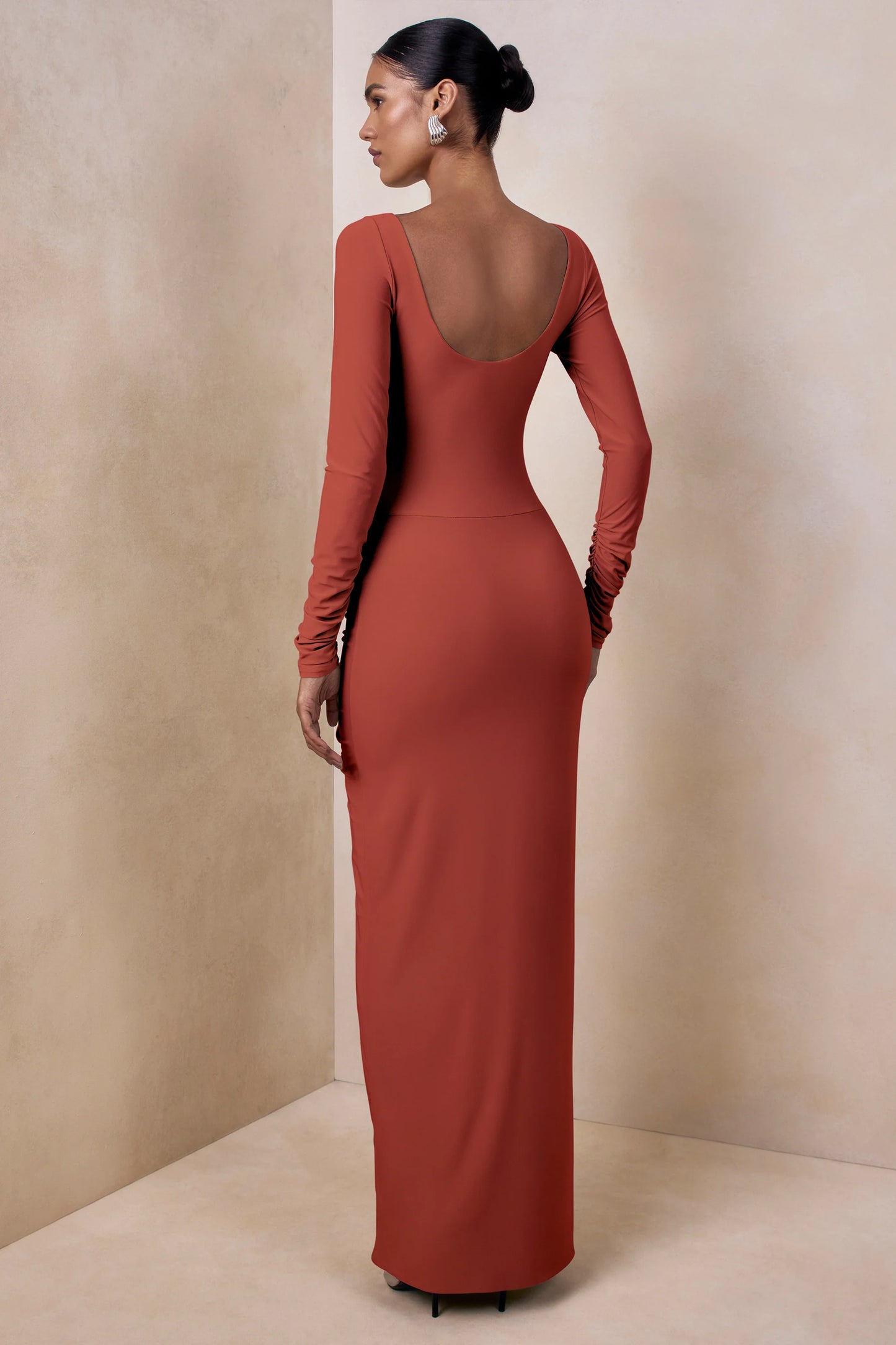 Matilda Rust Boat-Neck Maxi Dress With Ruched Detailing