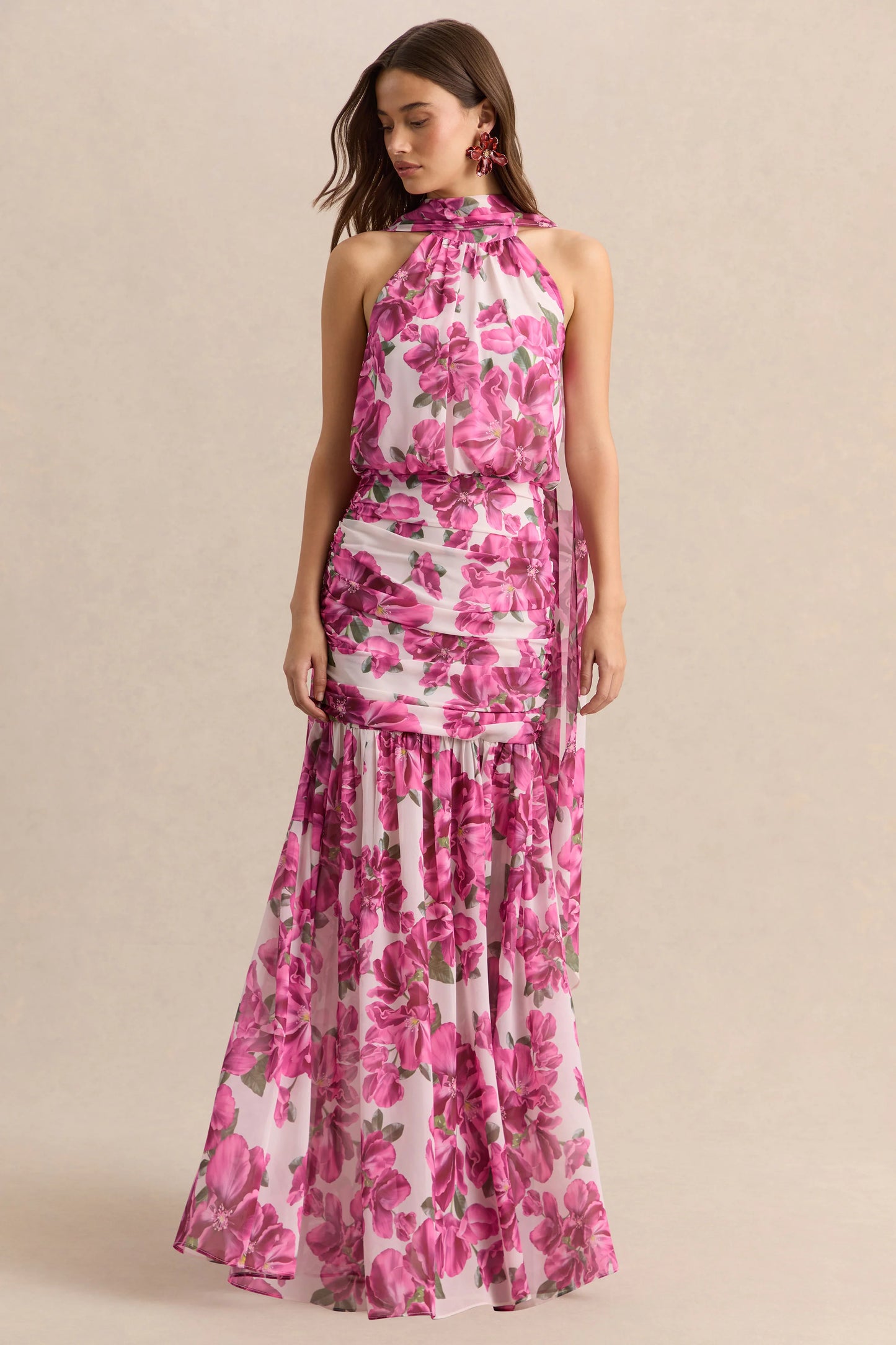 Veronique Pink Hibiscus Floral Halter-Neck Maxi Dress