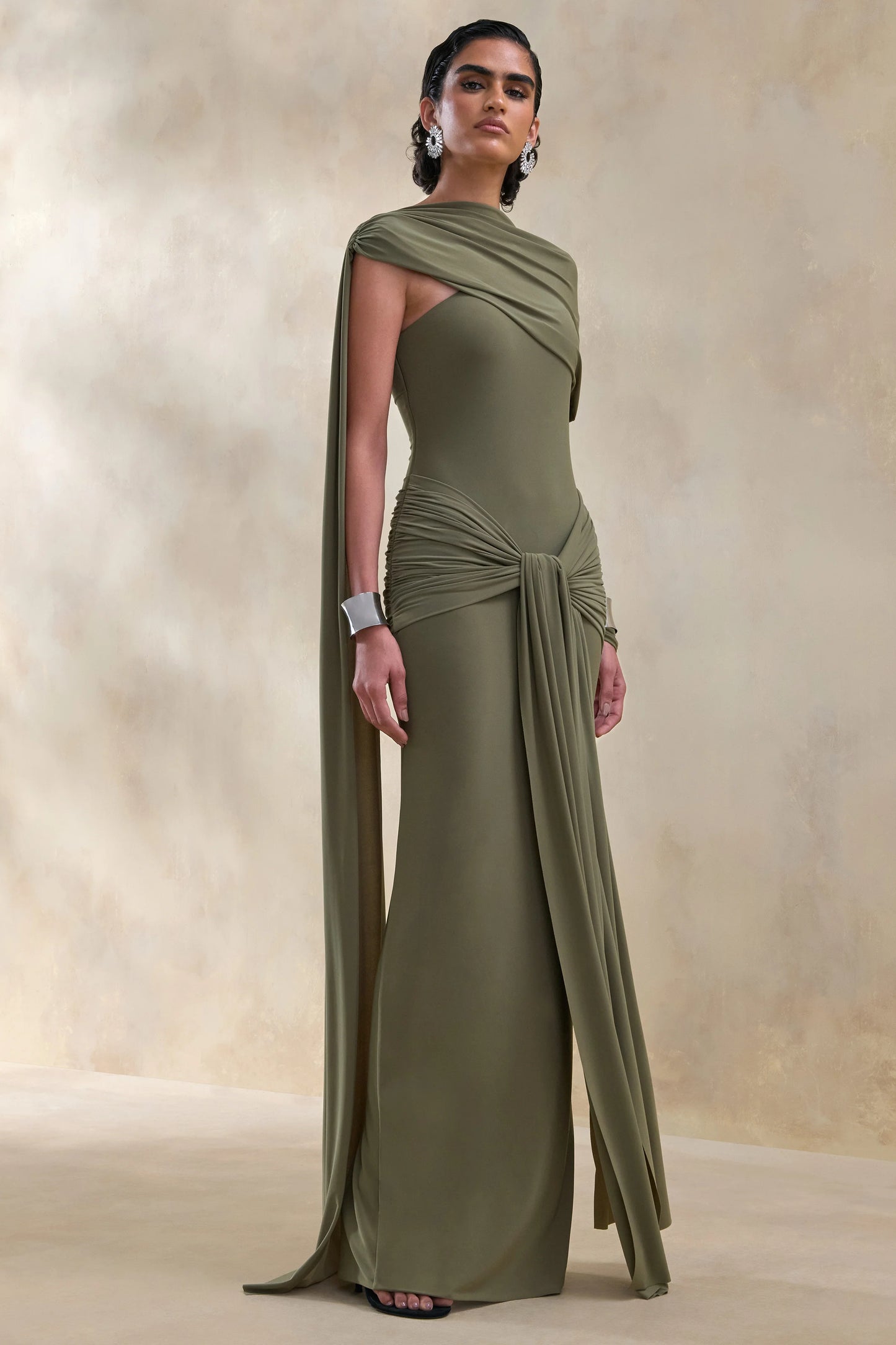 Trisara Olive Asymmetric-Neck Maxi Dress With Gathered-Detailing And Sash