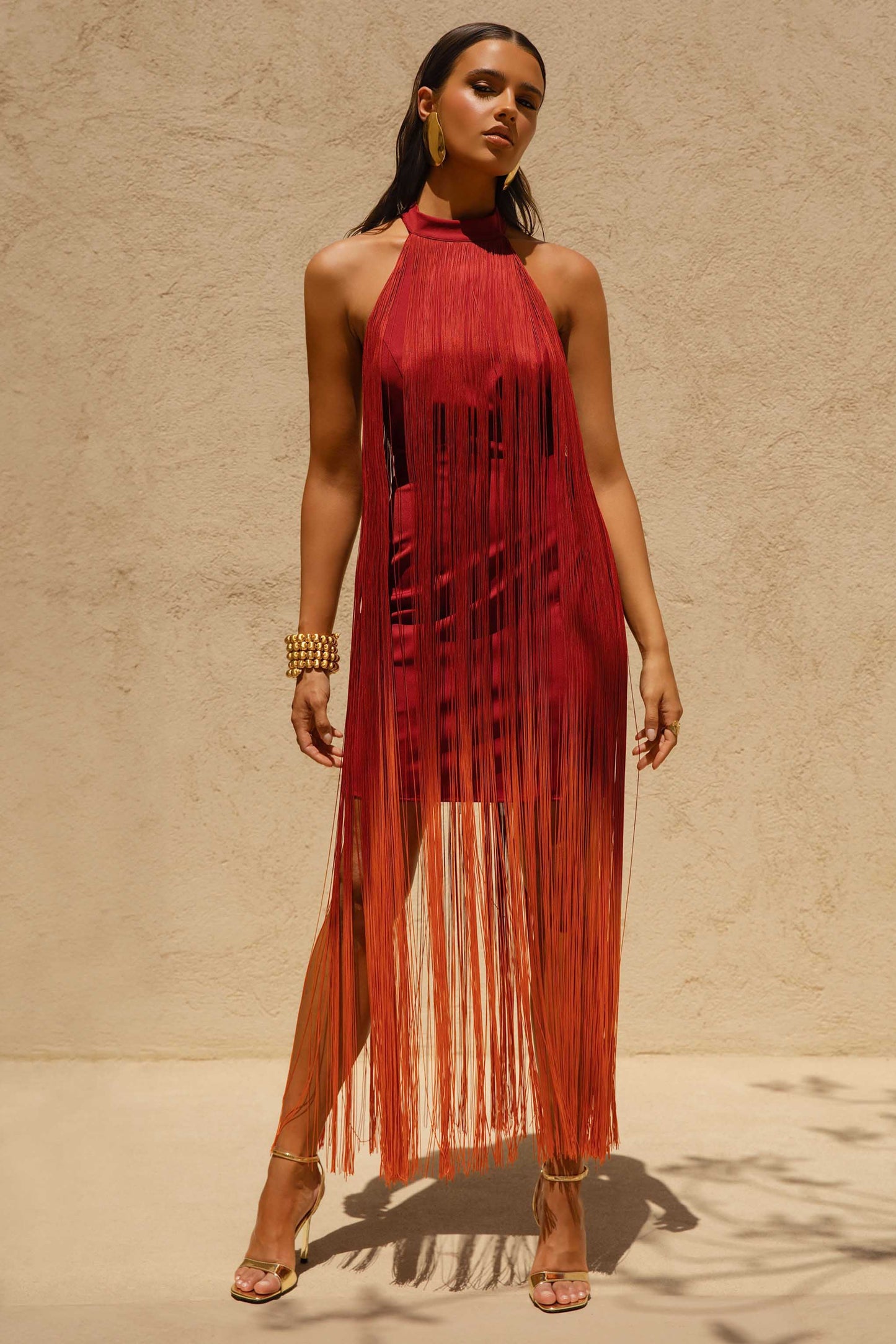 Alessia Orange Ombre Fringe High-Neck Maxi Dress