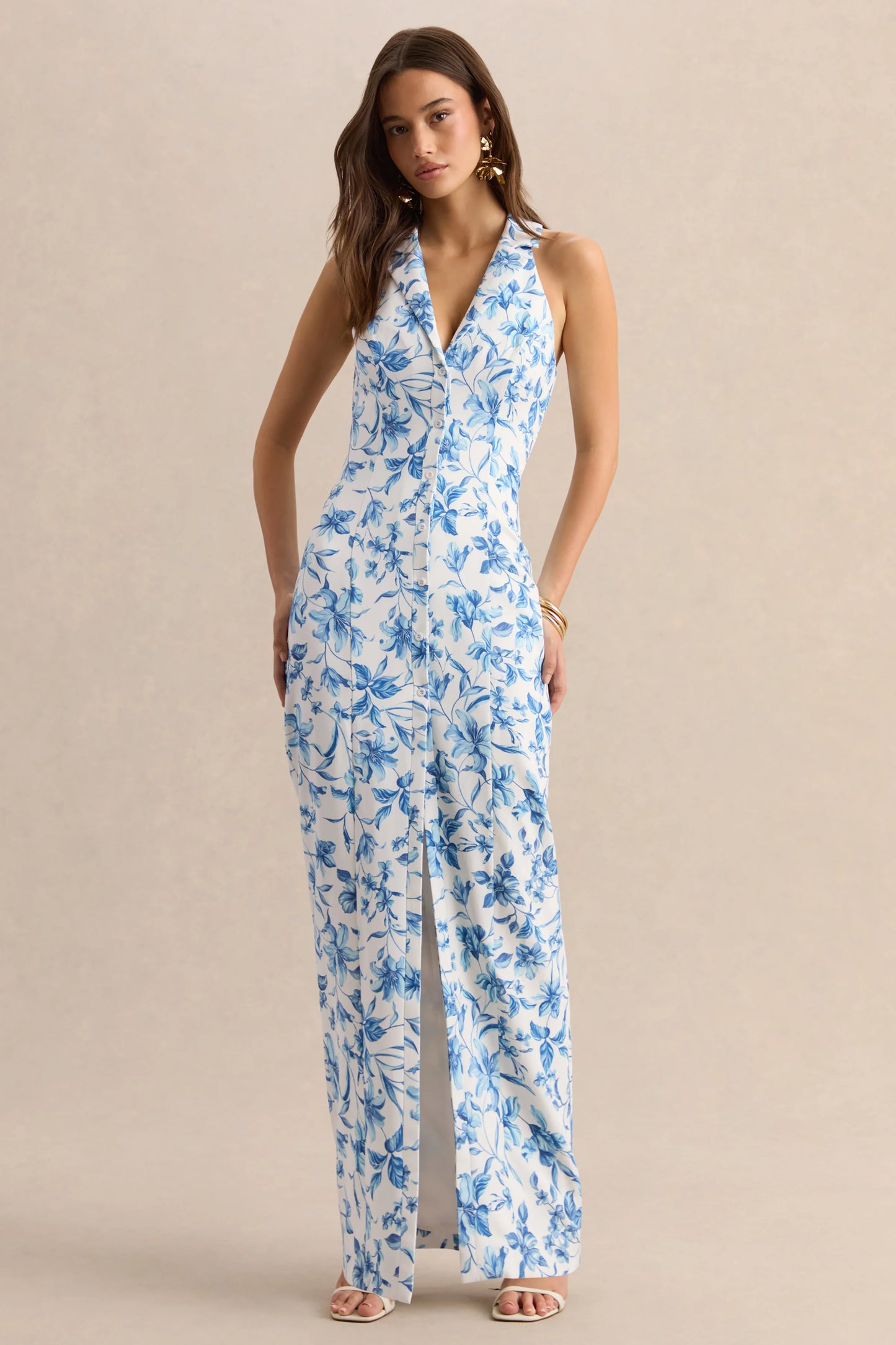 Quinn Blue Porcelain Print Plunge-Neck Tailored Maxi Dress