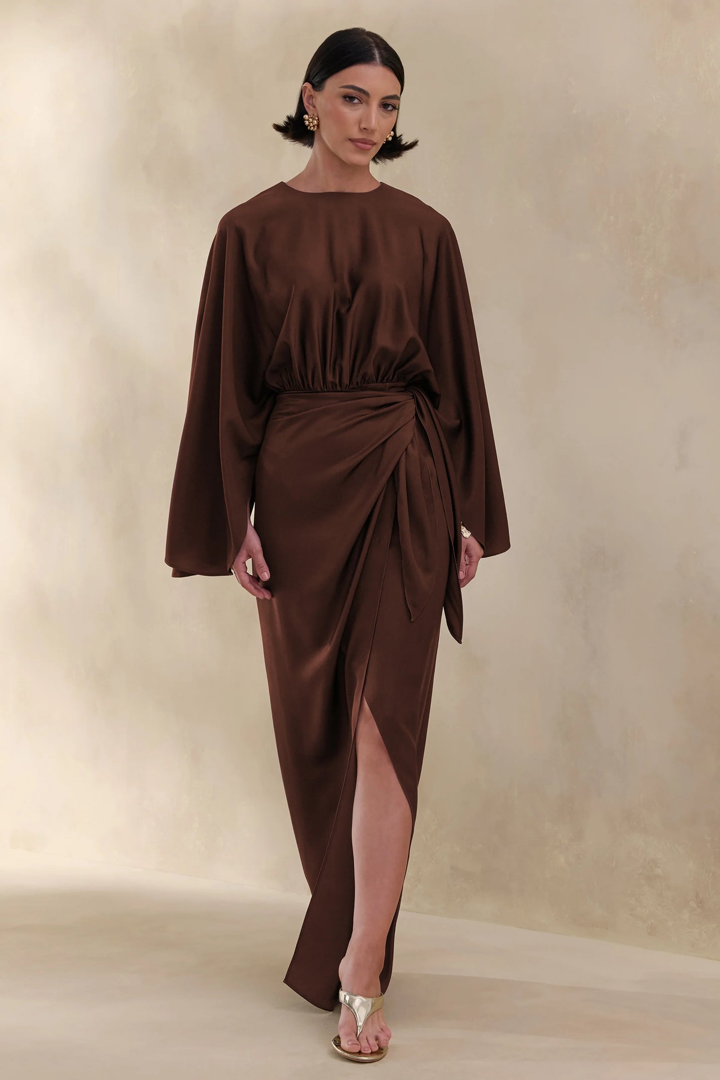 Delphina Brown Satin Maxi Dress With Gathered And Knot-Detail