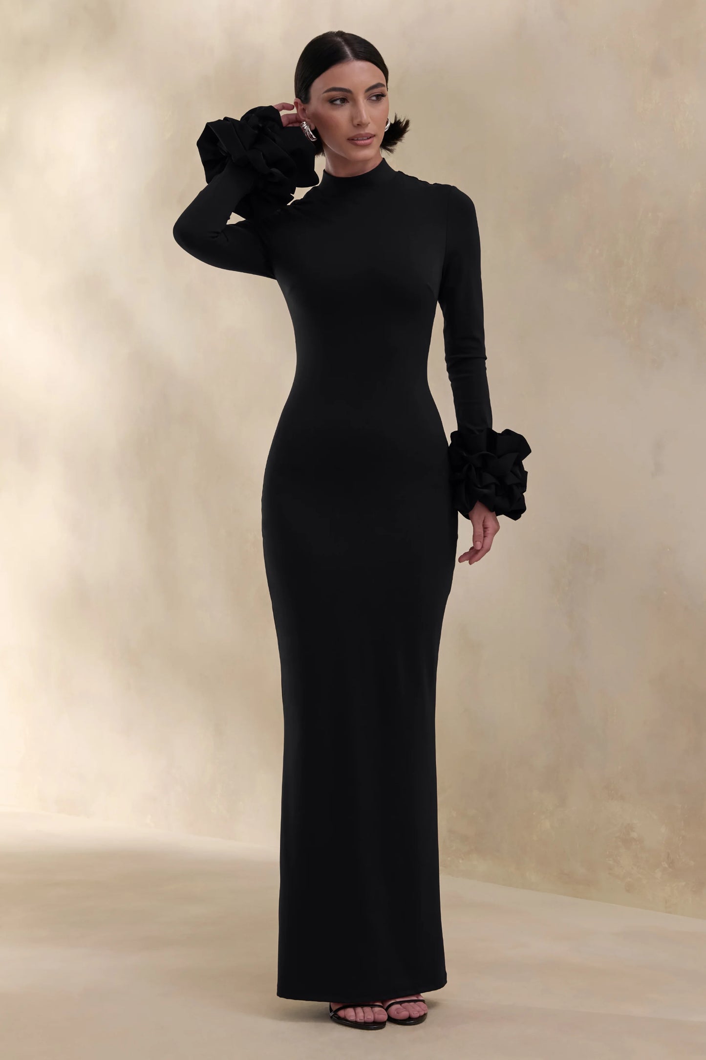 Jaselle Black High-Neck Maxi Dress With Ruffled Satin-Cuffs