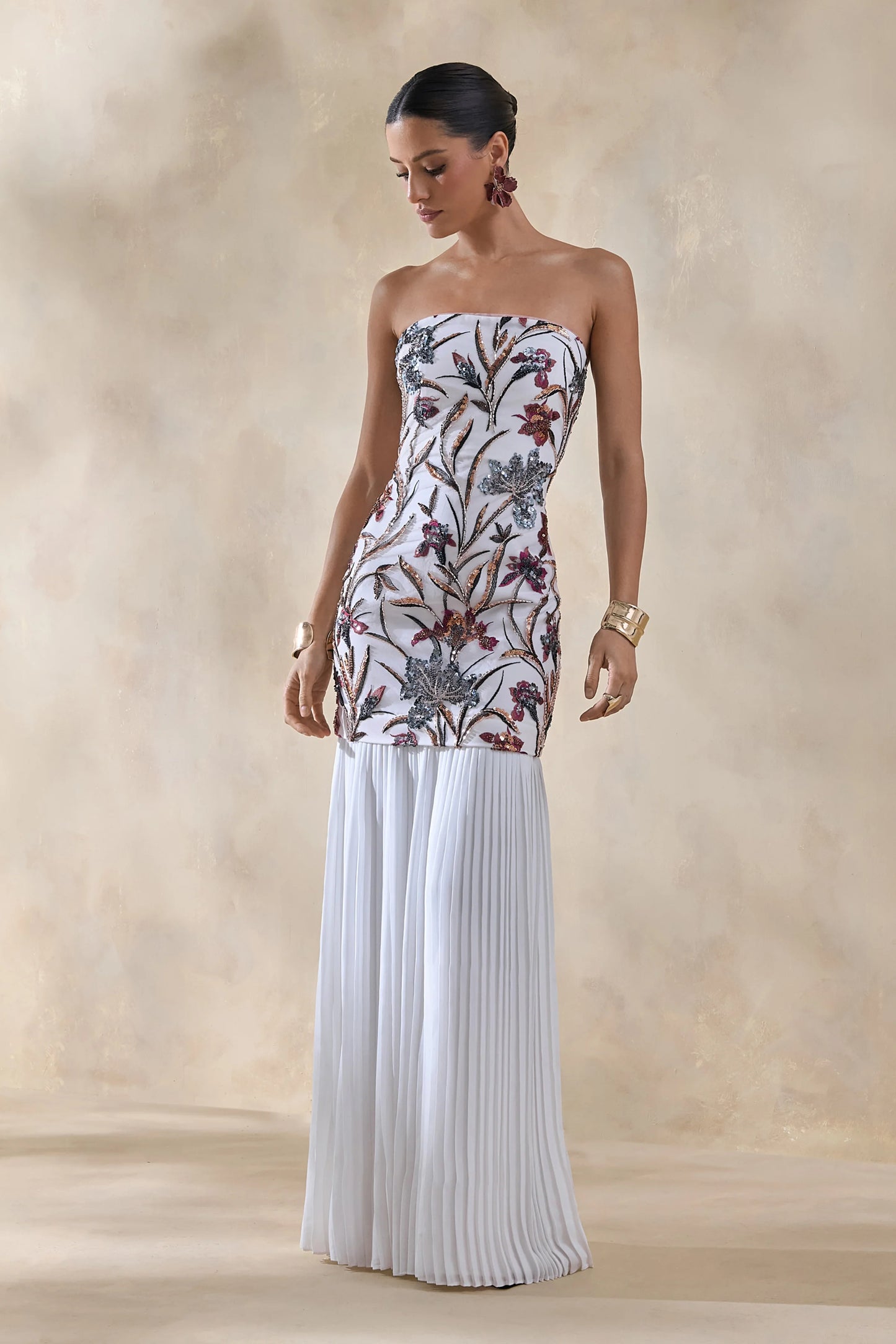 Denise Cream Sequin Floral Bandeau-Neck Embellished Maxi Dress With Drop-Waist And Mesh Skirt