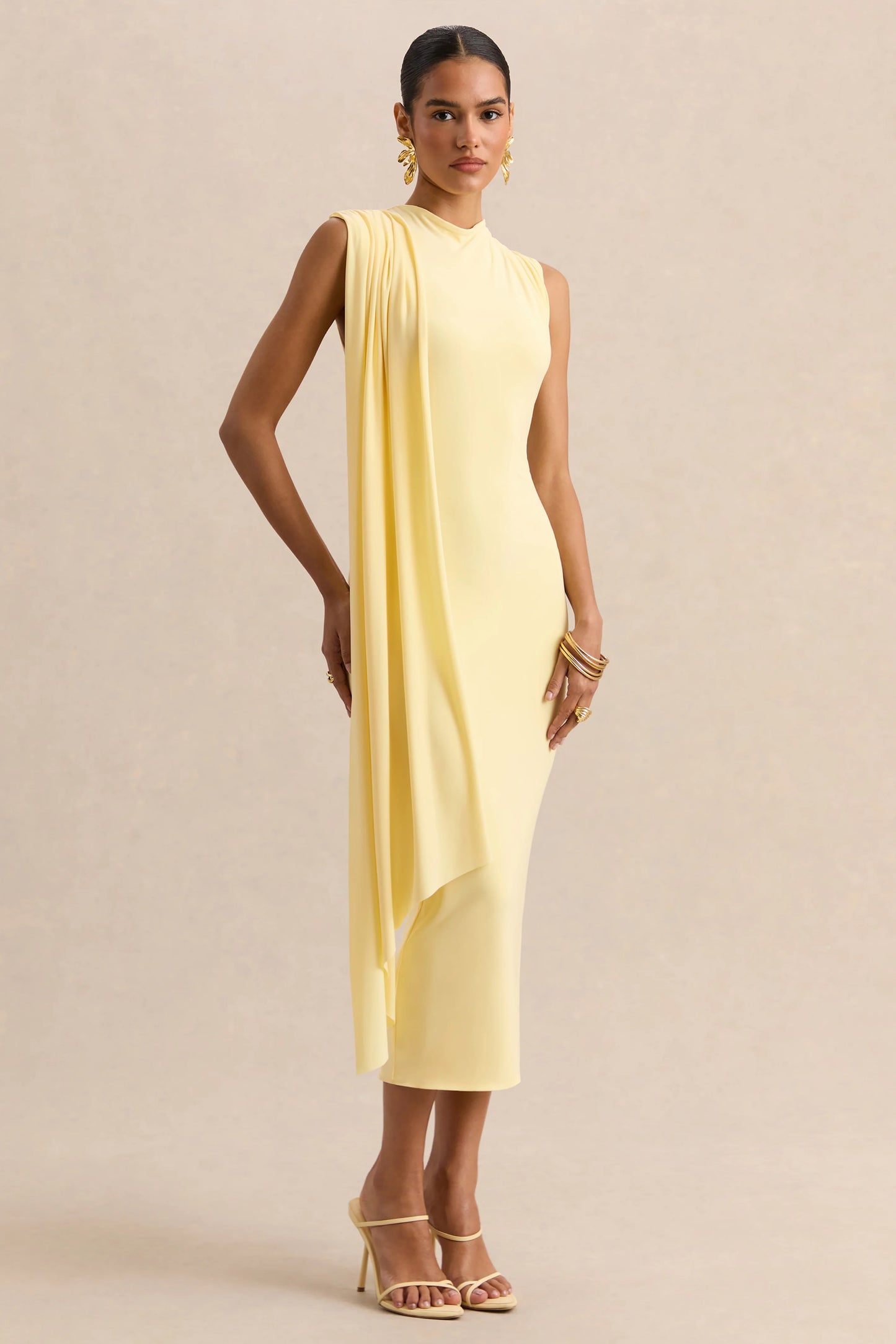 Oleandra Lemon High-Neck Midi-Dress With Draped-Detail