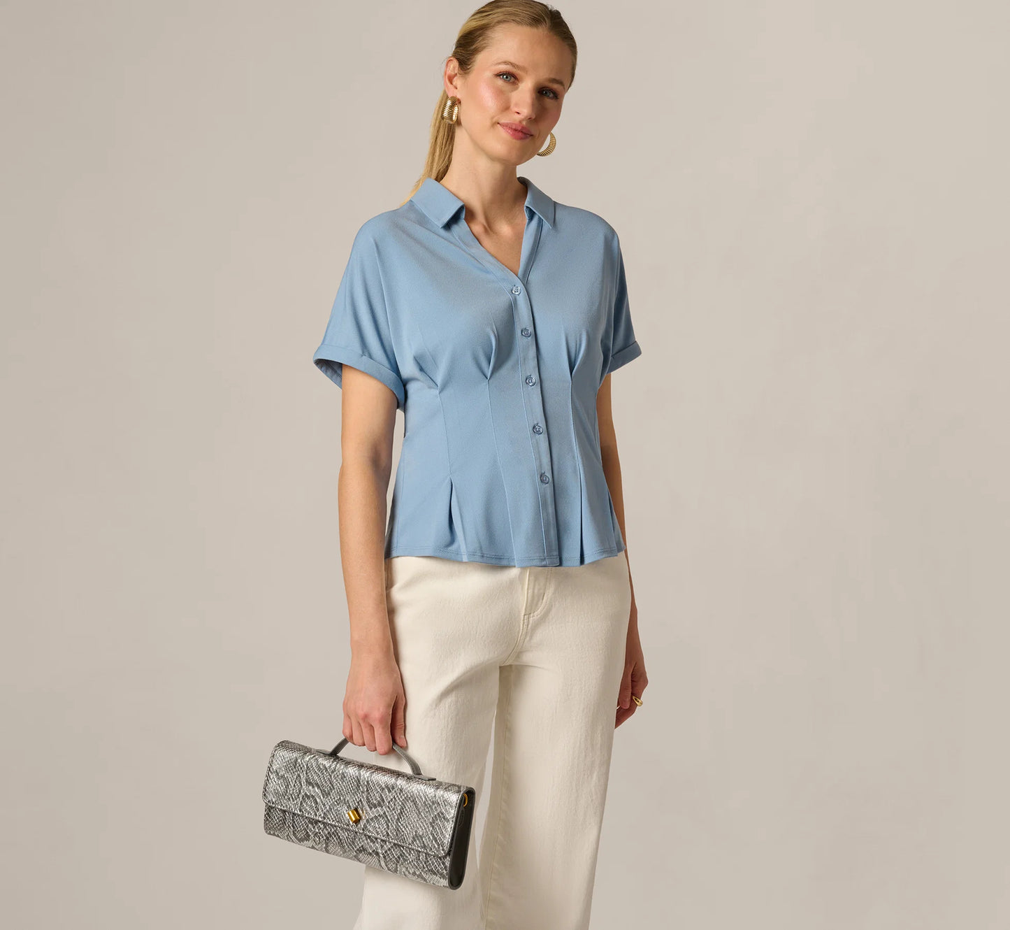 Short Sleeve Pleated Waist Blouse In Rain Washed