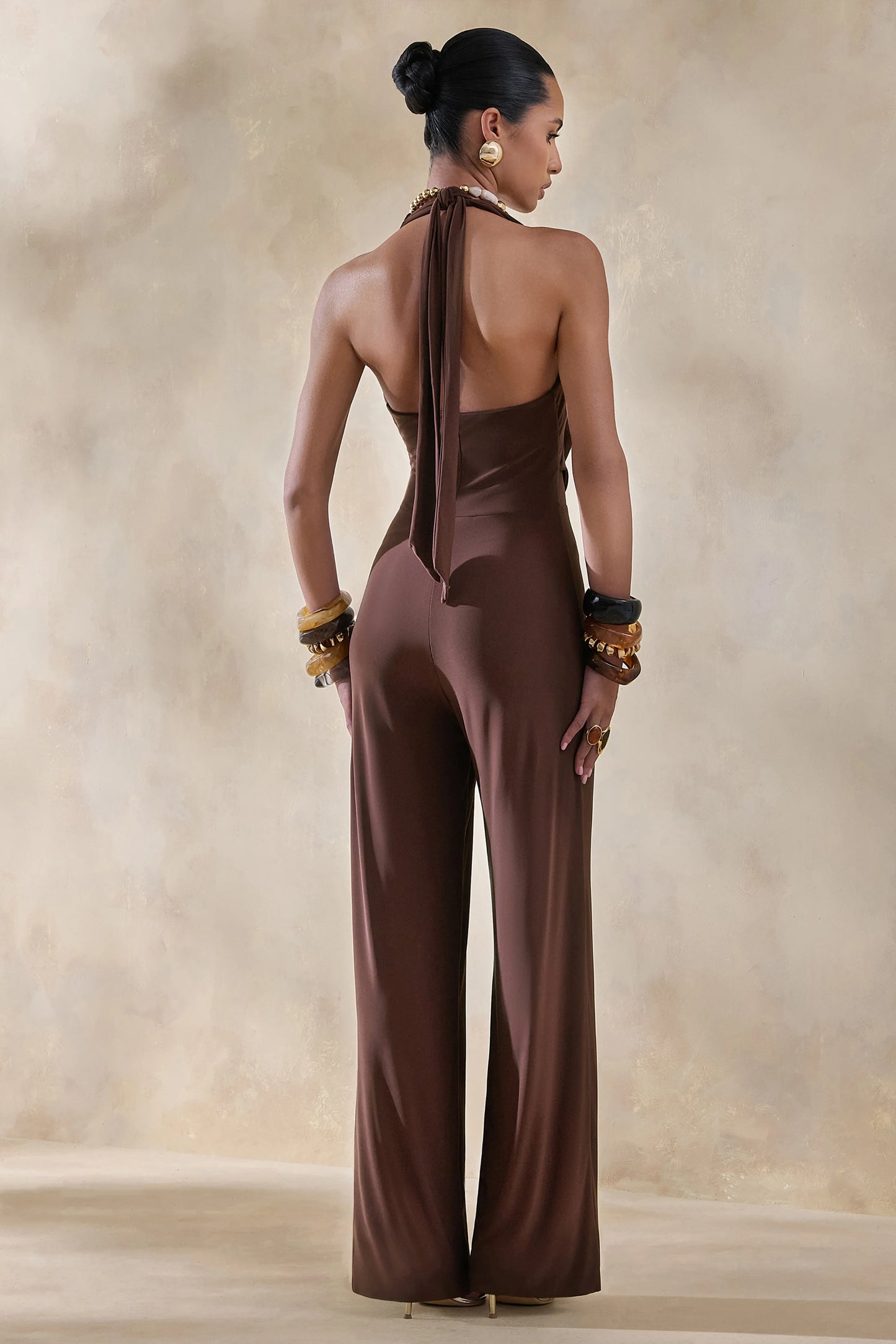 Clemence Brown Plunge-Neck Jumpsuit