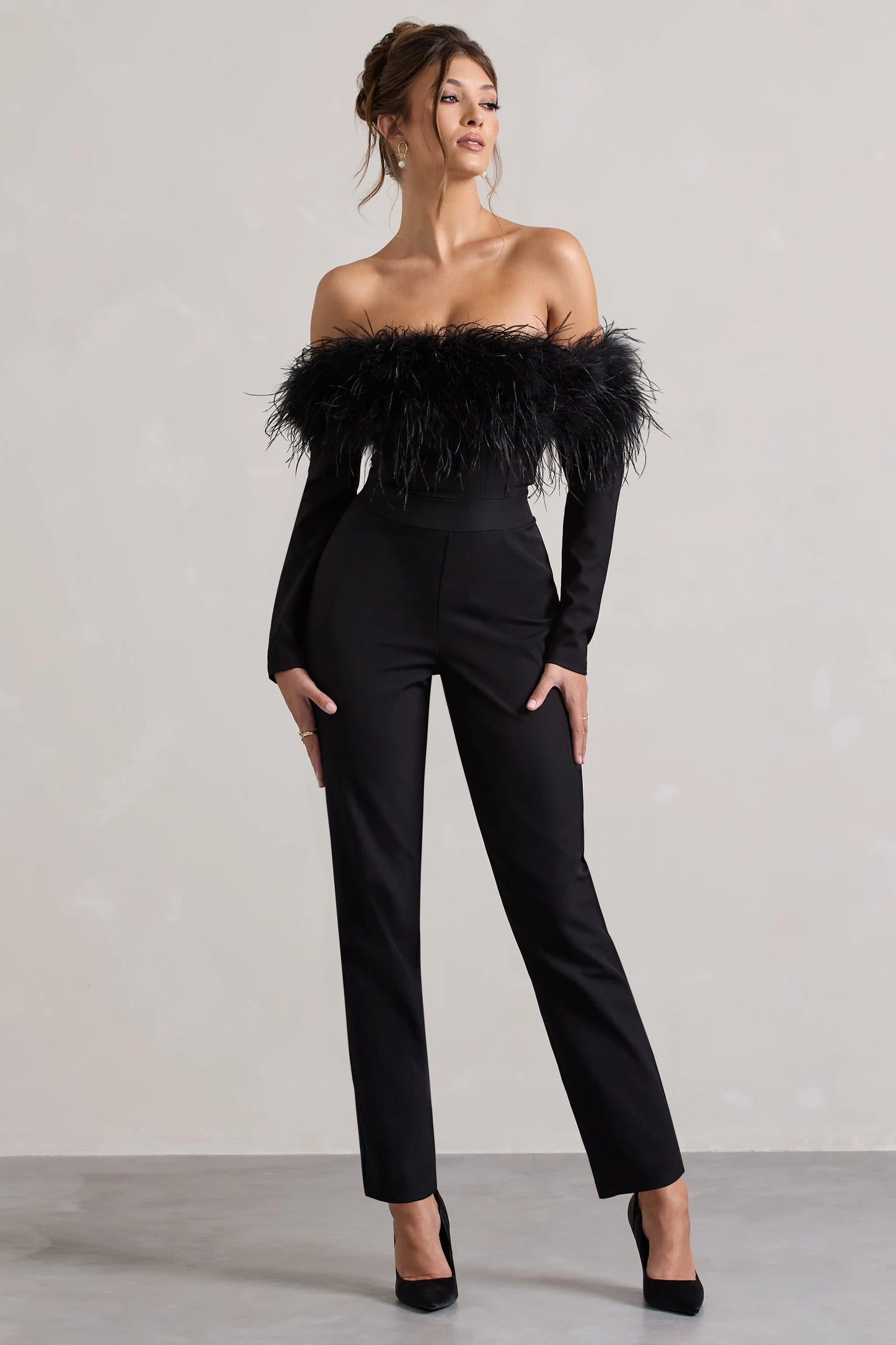 Ales Black Bardot Tailored Straight-Leg Jumpsuit With Feather Trim