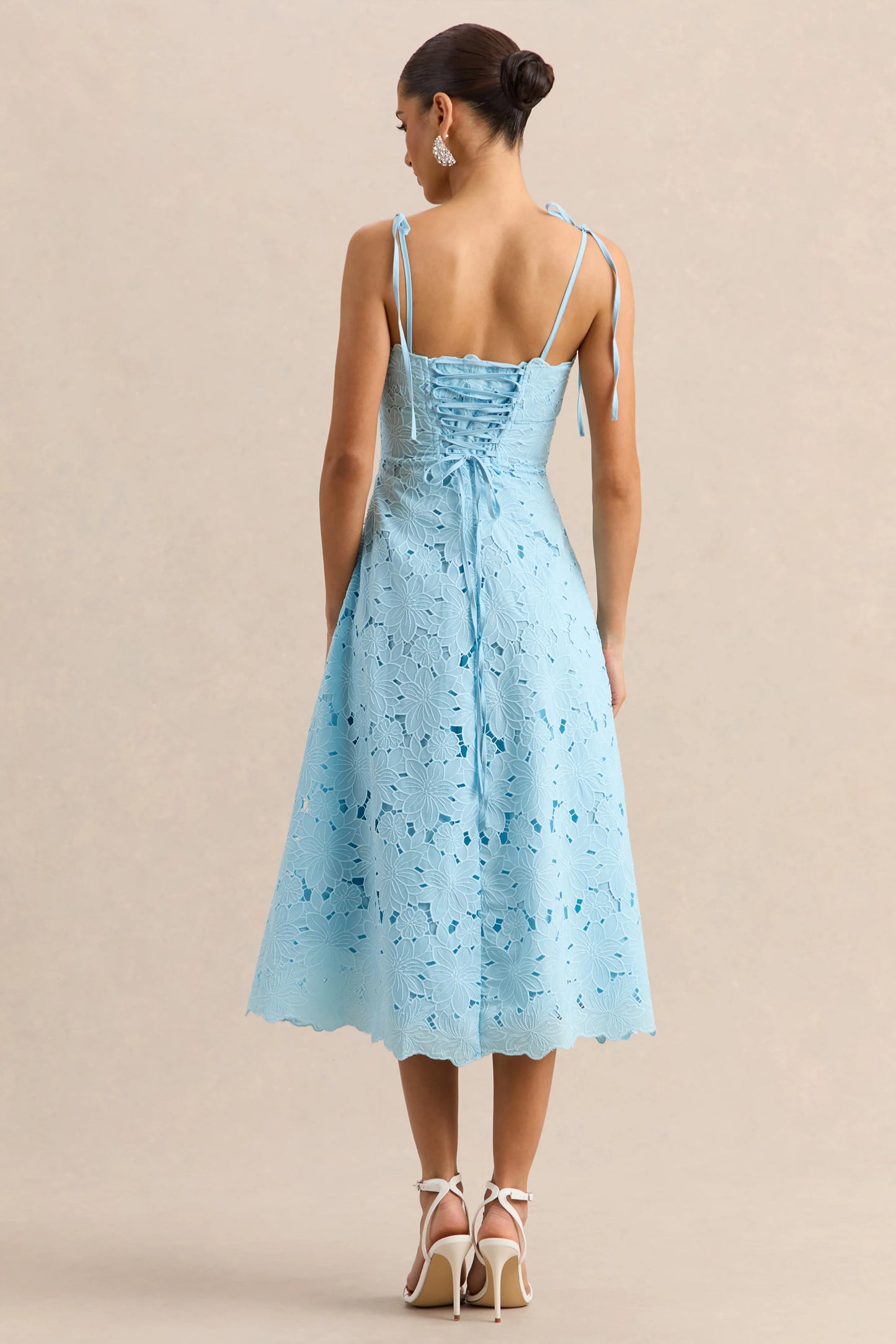 Anna Embroidered Powder Blue Square-Neck Midi Dress