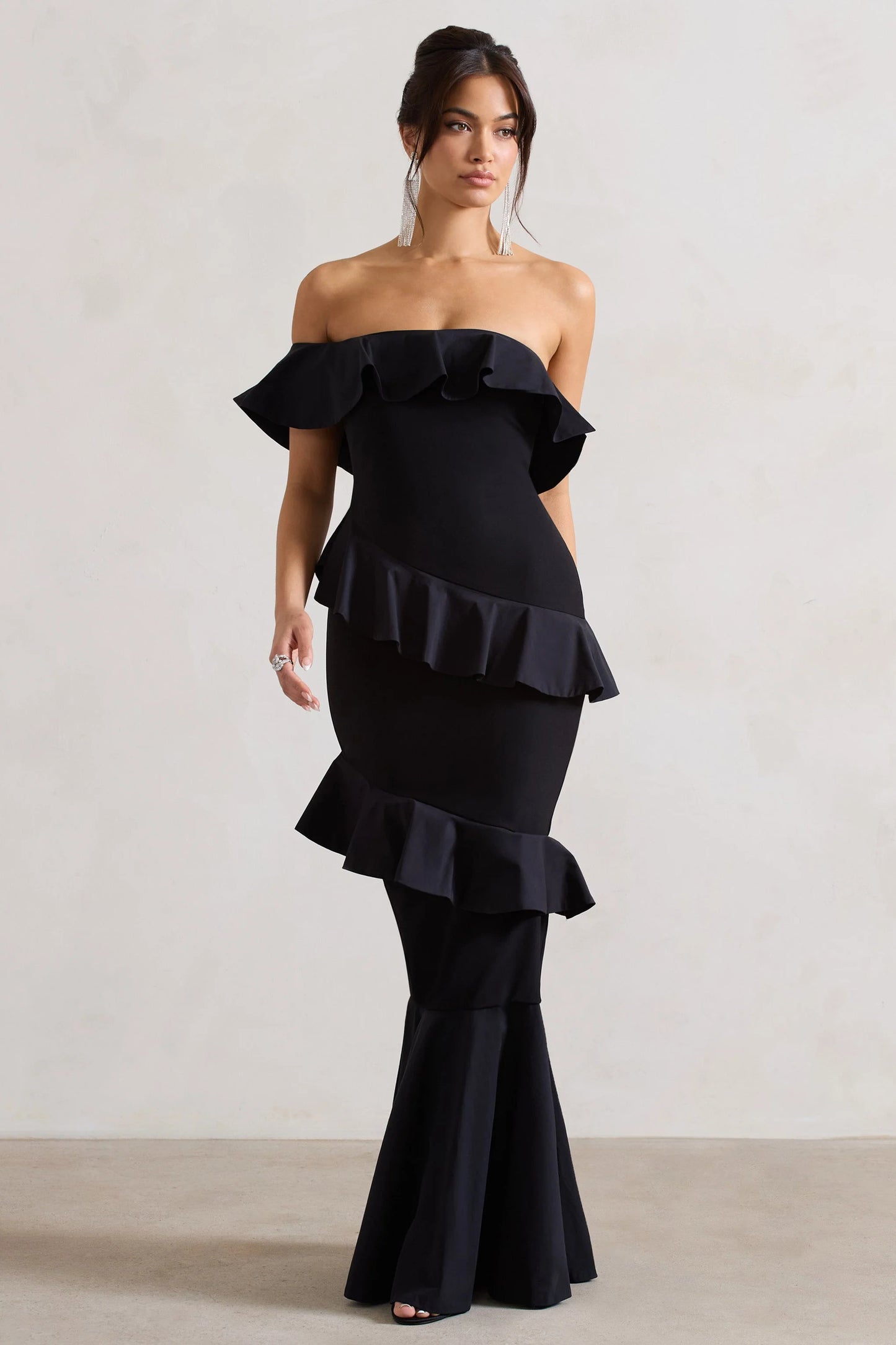 Cinematic Black Bardot Ruffled Fishtail Maxi Dress
