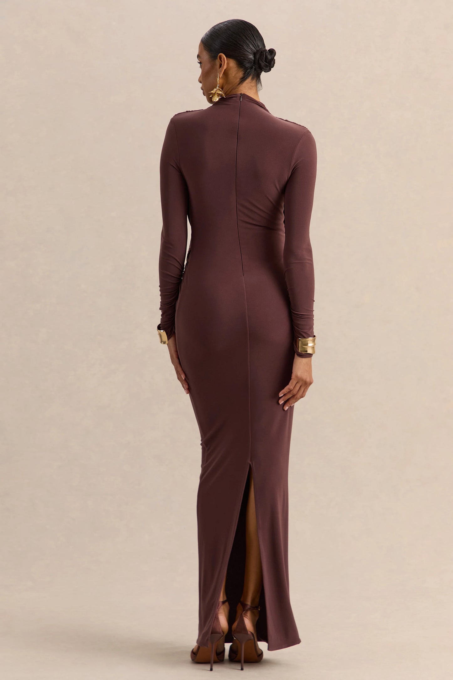 Karinthia Brown High-Neck Maxi Dress With Draped-Detailing