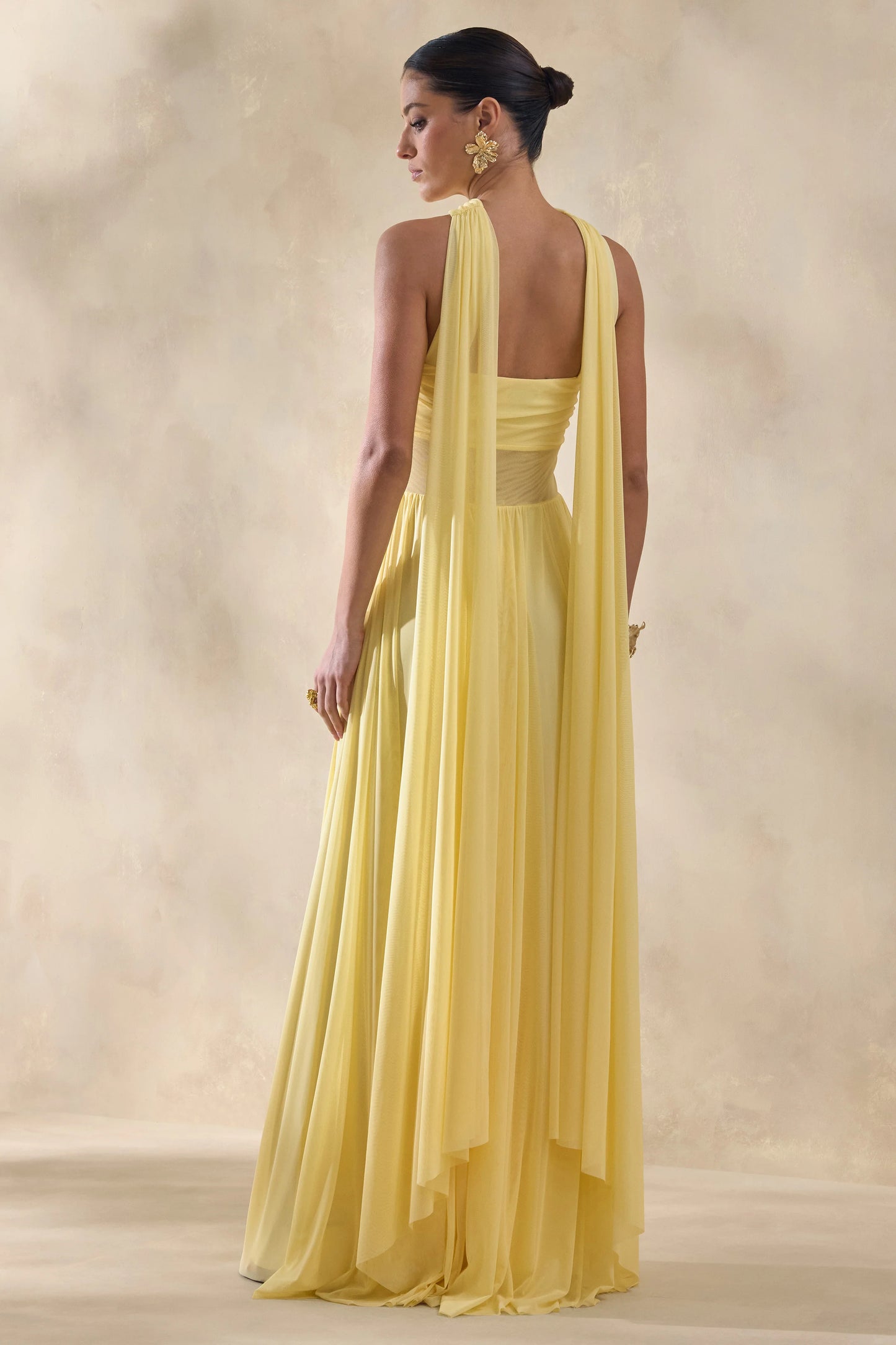 Lyvoria Lemon Bandeau Maxi Dress With Mesh-Detail And Scarf