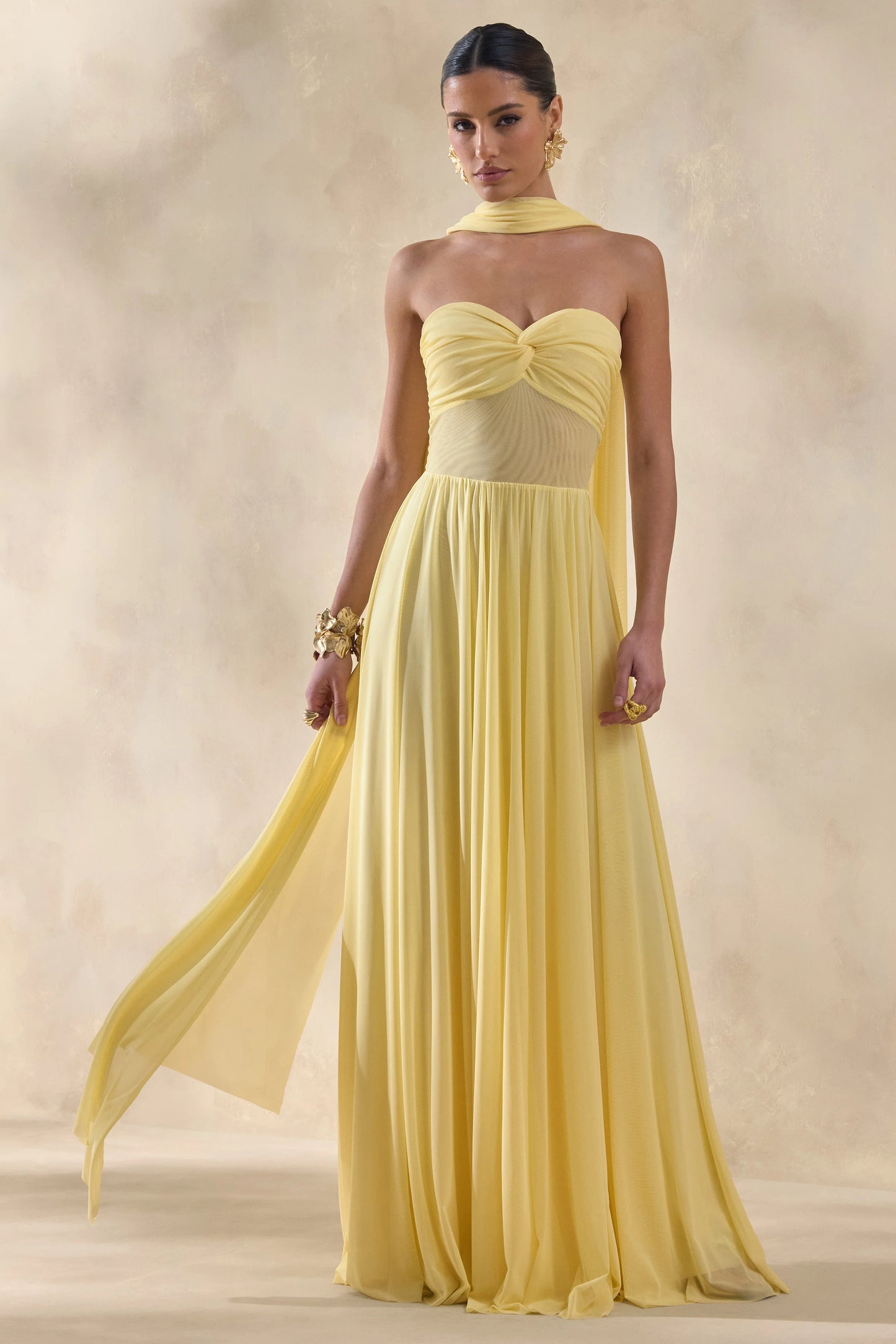 Lyvoria Lemon Bandeau Maxi Dress With Mesh-Detail And Scarf