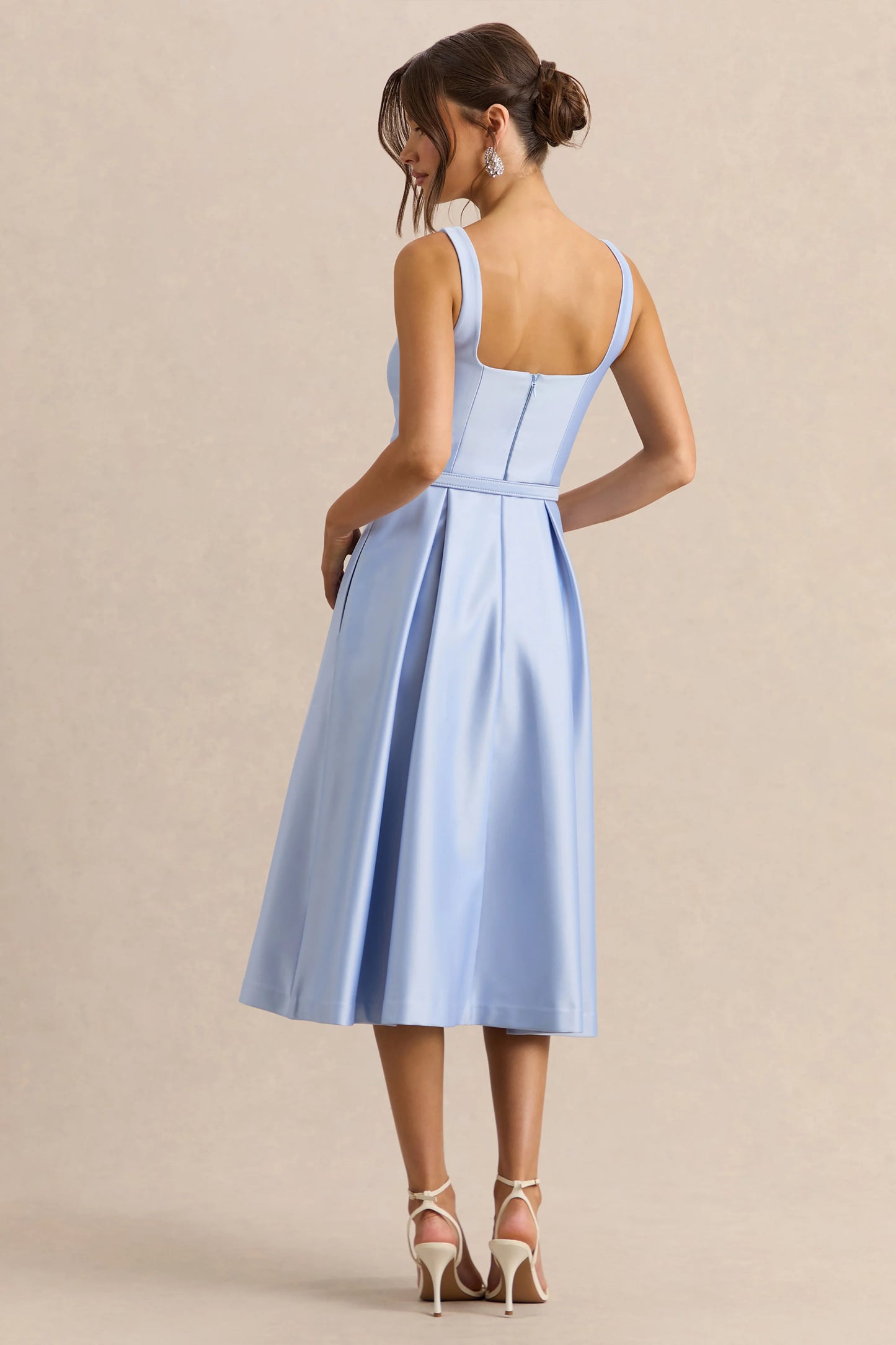 Crystaline Powder Blue Satin Square-Neck Midi Dress
