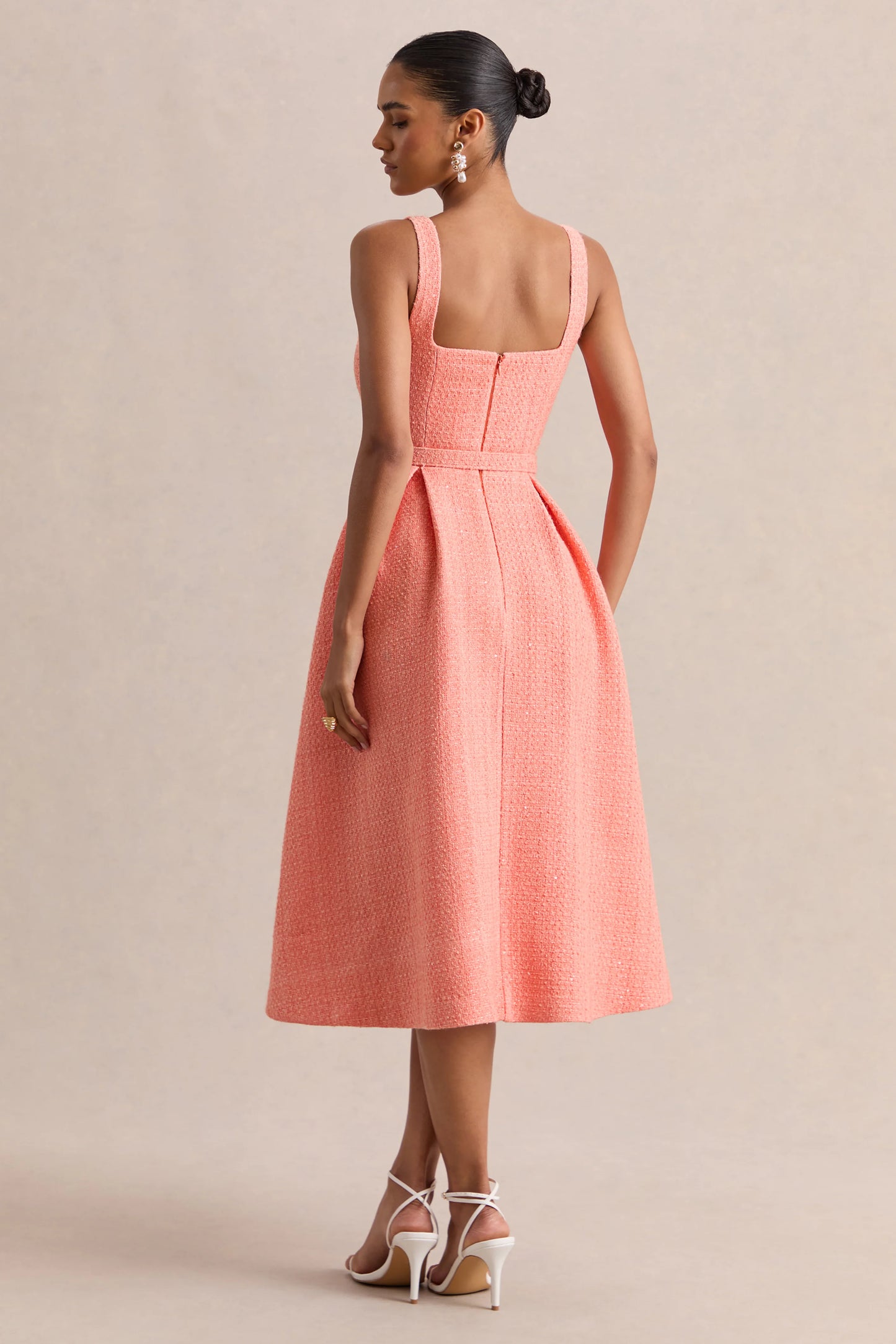 Camoria Coral Boucle Square-Neck Midi Dress