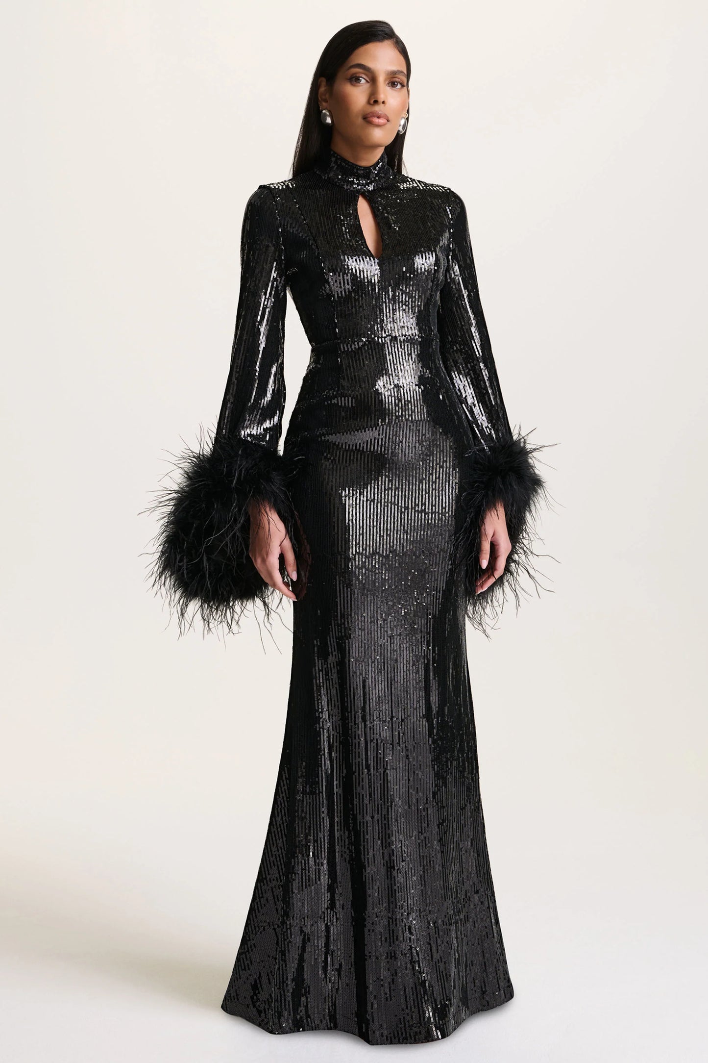 Cosmic Star Black Sequin High-Neck Maxi Dress With Feather Cuffs
