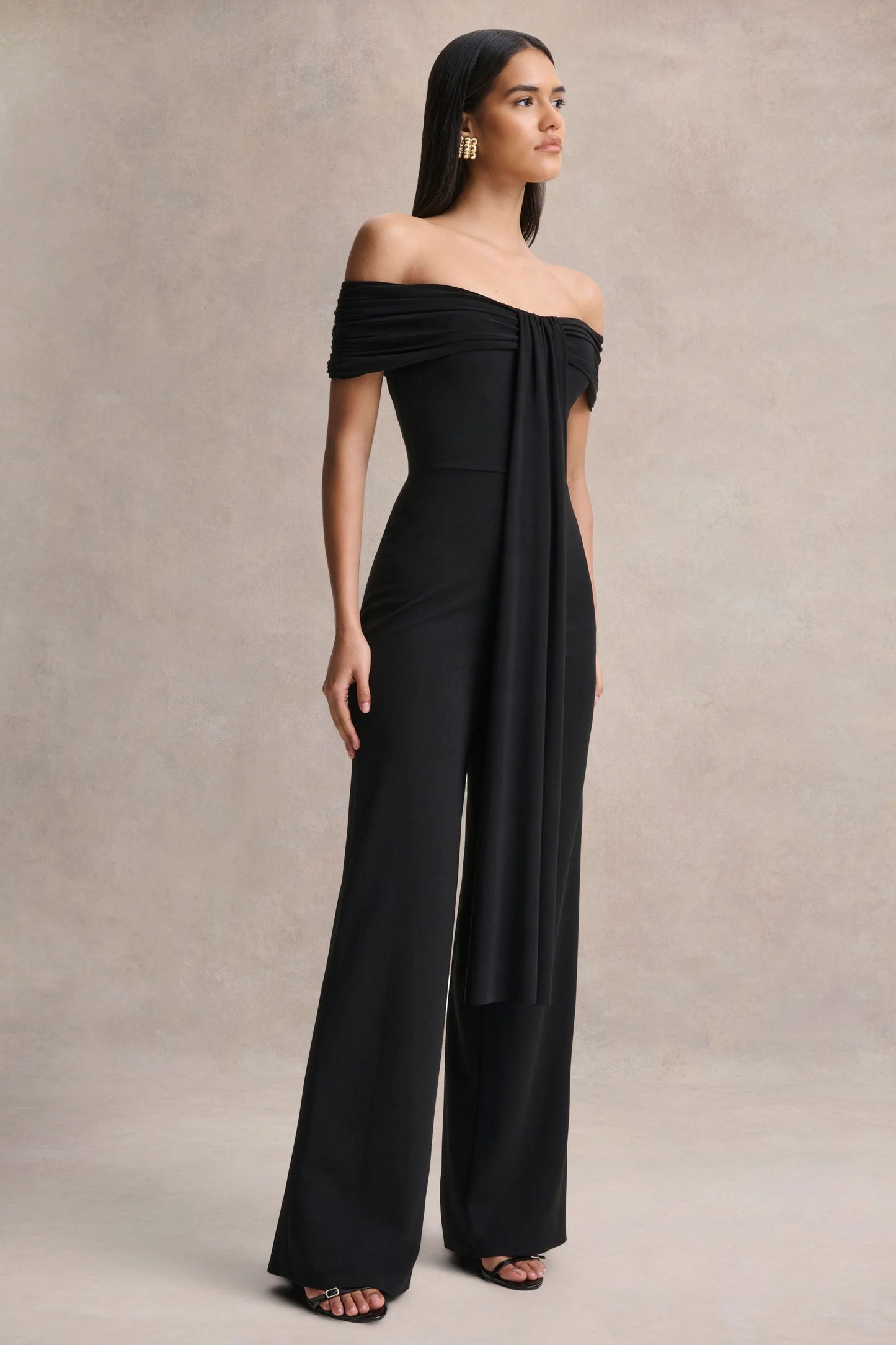 Kalida Black Bardot-Neck Jumpsuit With Sash-Detail